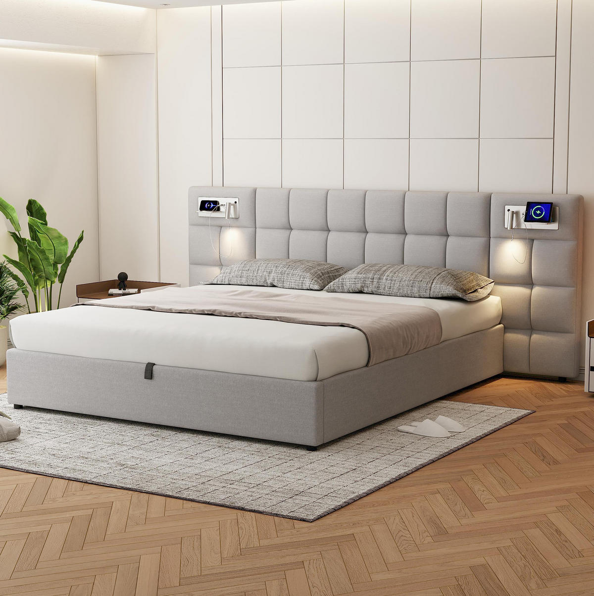 POLSTERBETT aus Leinen 180x200 cm Grau mit Stauraum, USB, kabellosem Laden und Beleuchtung - Grau, Leder (180/200cm) - IVMEU
