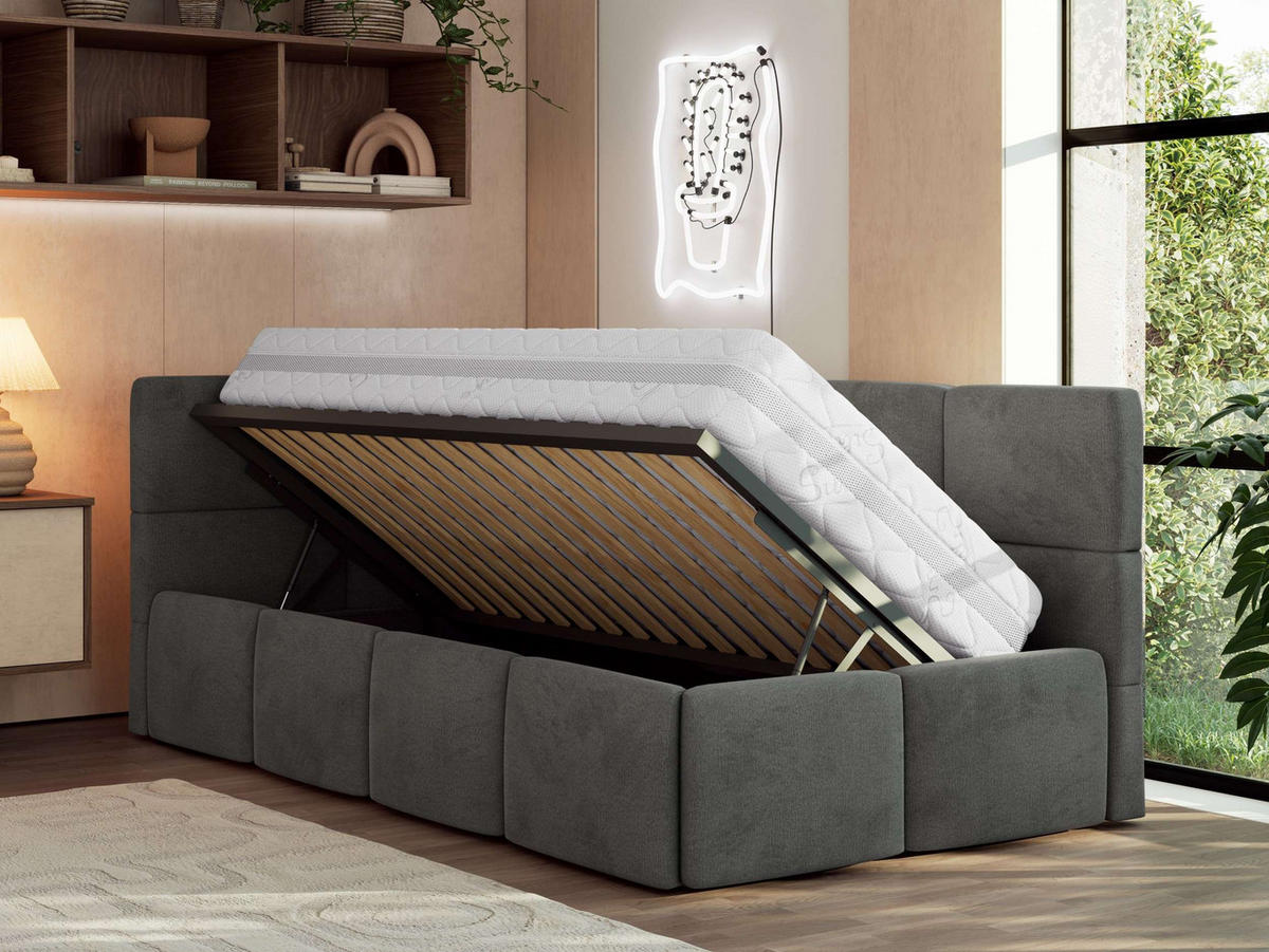 JUGENDBETT ARVO 90/200 - Dunkelgrau Velvet - Pocket-Matratze - Links Seite - Dunkelgrau, Textil (90/200cm) - MKS