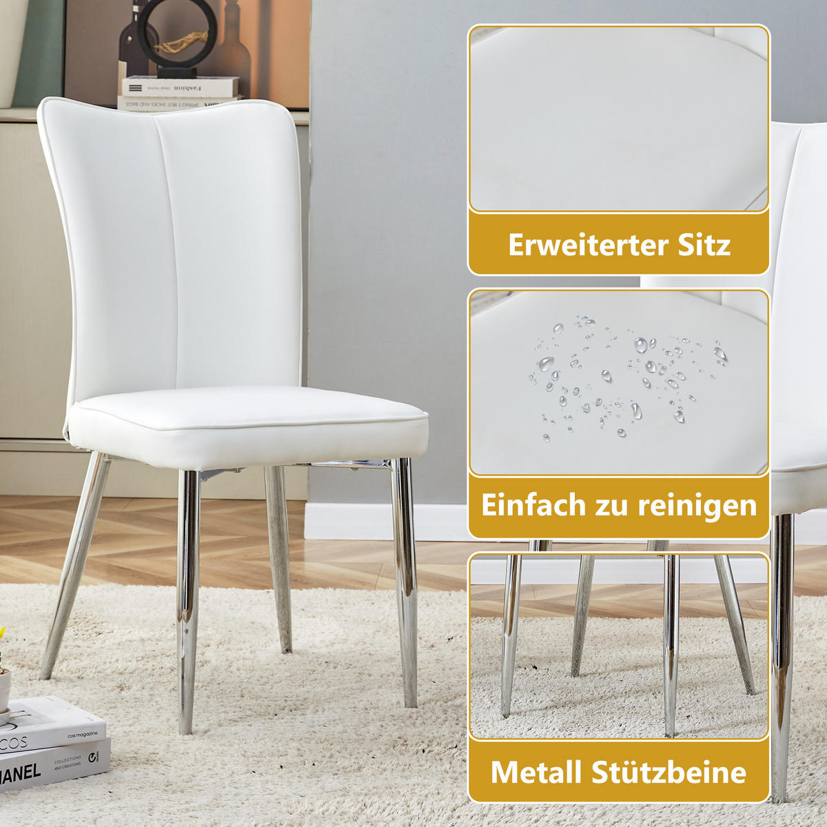 STUHL-SET DE-36517 2 Stück mit PU-Bezug und Metallbeinen Schwarz - Weiß, Metall (44/89/45cm) - ComfortXL