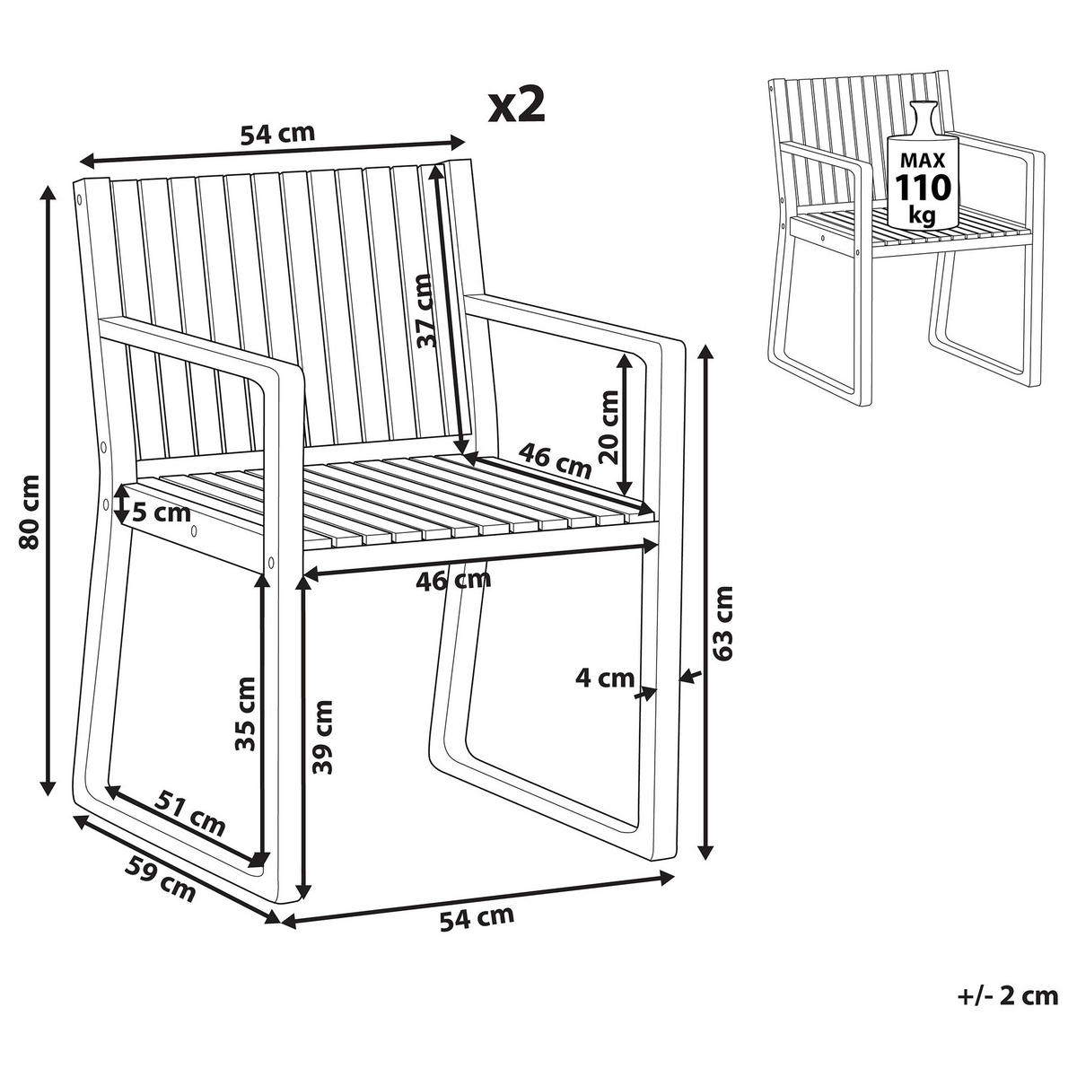 GARTENSTUHL 2er-Set und Sitzkissen zertifiziertes Akazienholz Cremeweiß Sassari II Premium - Hellbraun, Holz (54/80/59cm) - Beliani