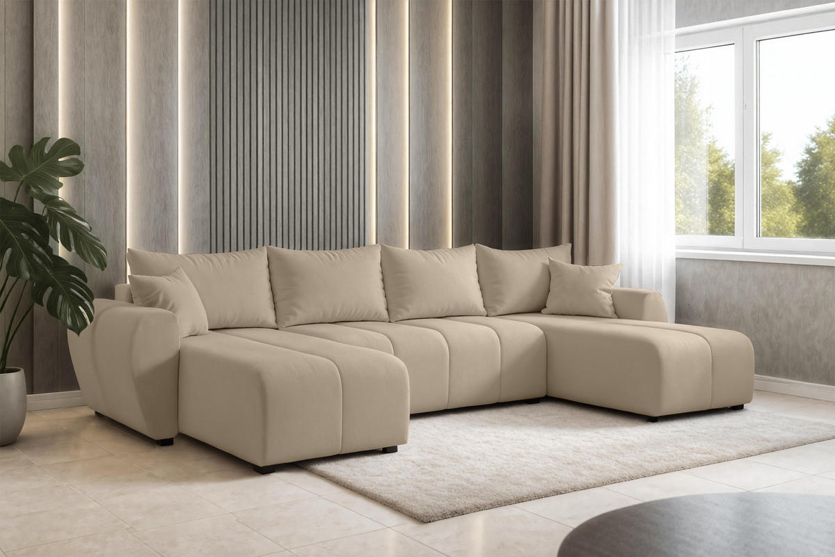 WOHNLANDSCHAFT Malatya U Form Hellbraun 311/145/82 cm mit Schlaffunktion - Hellbraun/Schwarz, Kunststoff/Textil (311/82/145cm) - AX Living