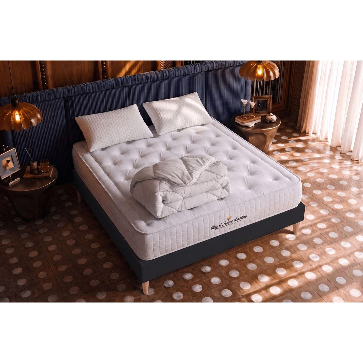 BETT Buckingham Memory-Schaum 200 x 200 cm h1 - Kit Bettgestell Schwarz - Mit Kissen und Bettdecke - Beige/Schwarz, Karton/Holz (200/200cm) - ROYAL PALACE BEDDING