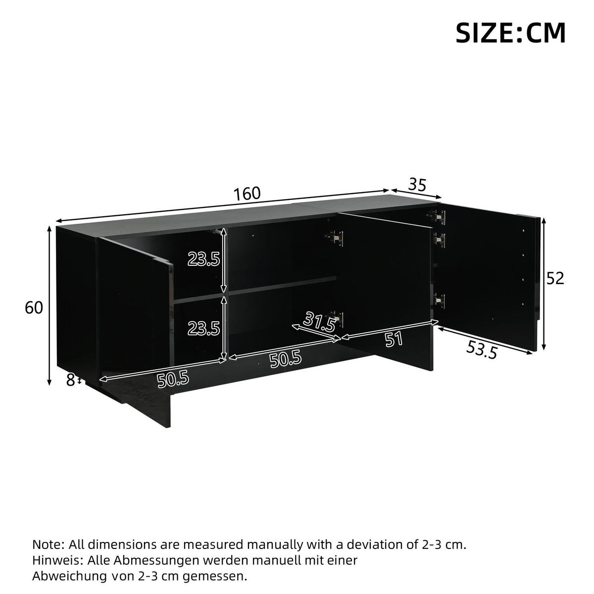 SIDEBOARD Schwarz Hochglanz 3 Türen 160cm 6 Fächer modern - Schwarz, Holzwerkstoff (35/60/160cm) - FLIEKS