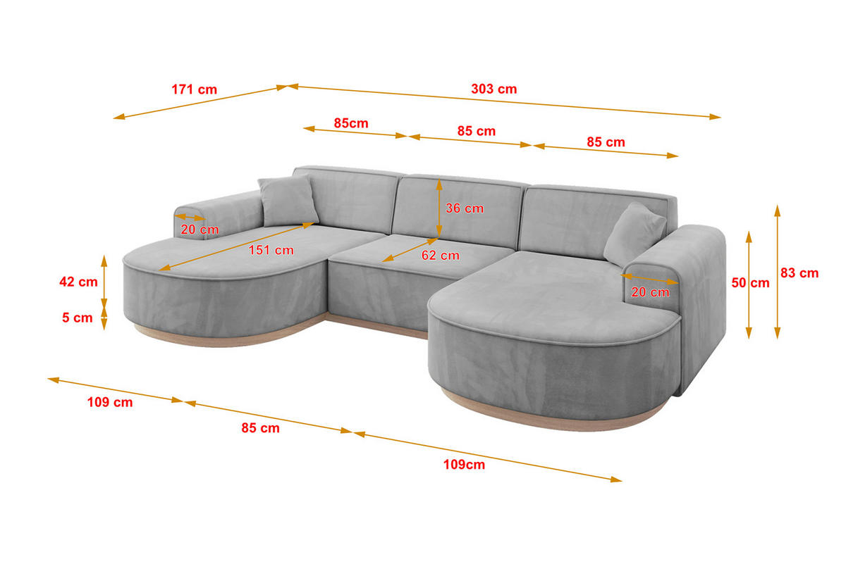 WOHNLANDSCHAFT MARI-U1-v1 - 303x171x83 cm Grau Velours - Grau, Holzwerkstoff/Textil (303/83/171cm) - ALTDECOR