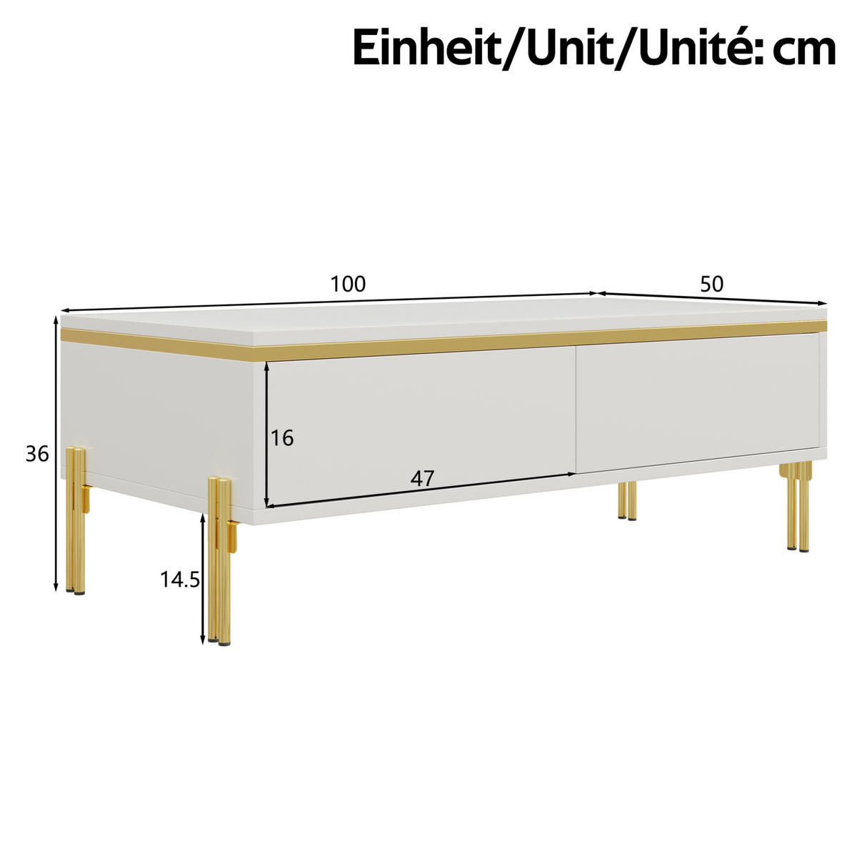 COUCHTISCH 100/50/36 cm mit beidseitigen Schubladen, Hochglanzoberfläche und Metallbeinen, Weiß - Weiß, Holzwerkstoff (100/50/36cm) - Redom