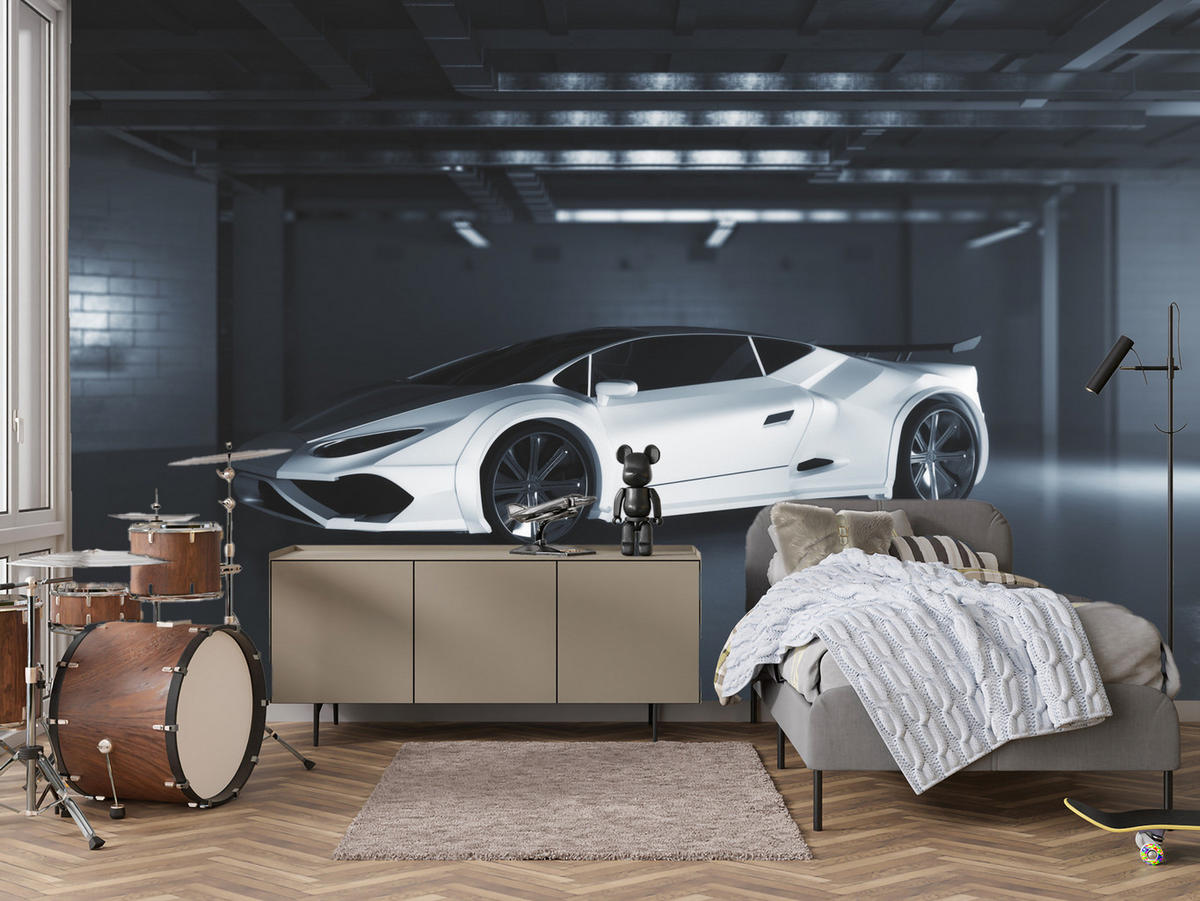 FOTOTAPETE für Jugendzimmer Weißes Sportwagen Untergrundgarage Modern 150x105 - Schwarz/Weiß, Papier (150/105cm) - Muralo