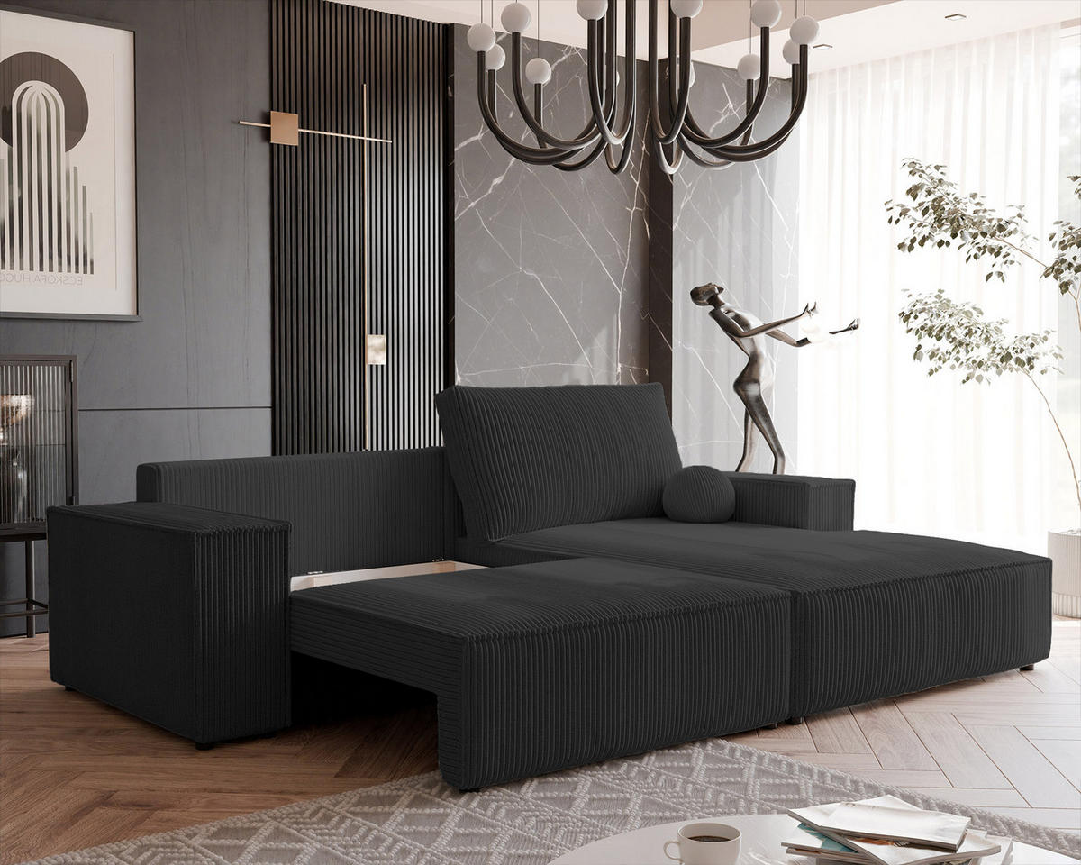 ECKSOFA HUGO Rechts, mit Schlaffunktion und Bettkasten, Anthrazit - Anthrazit, Textil (255/148cm) - Idohome