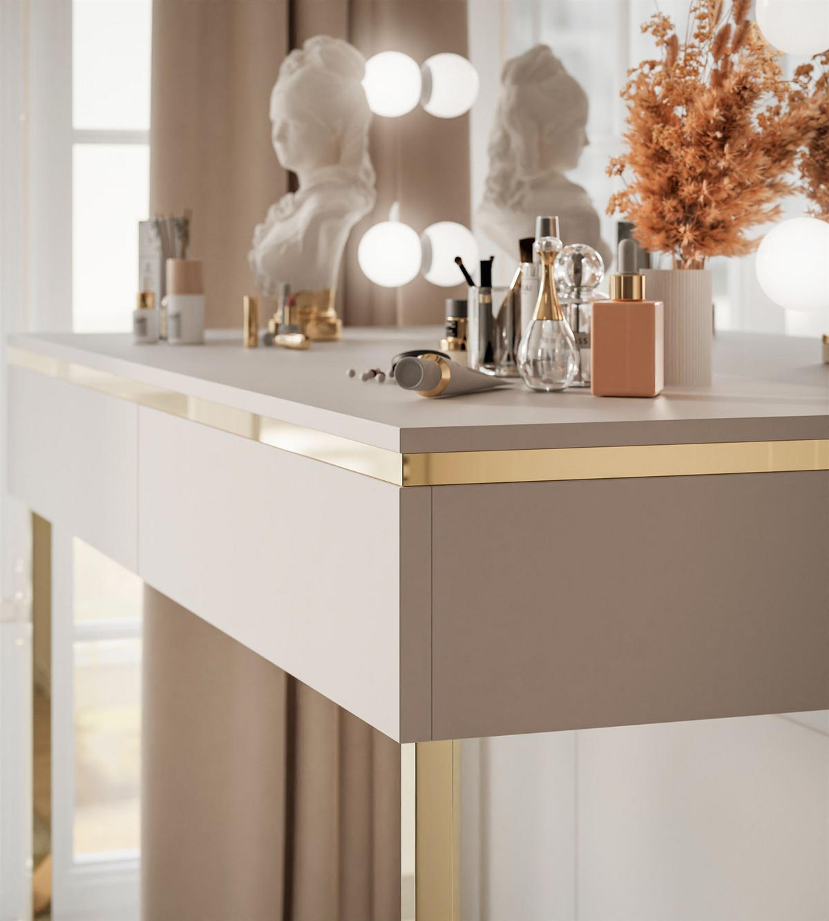 SCHMINKTISCH AURORA GOLD ELITE in Kaschmir mit Spiegel - Kaschmir/Goldfarben, Holzwerkstoff/Metall (102/144/44cm) - Lookway