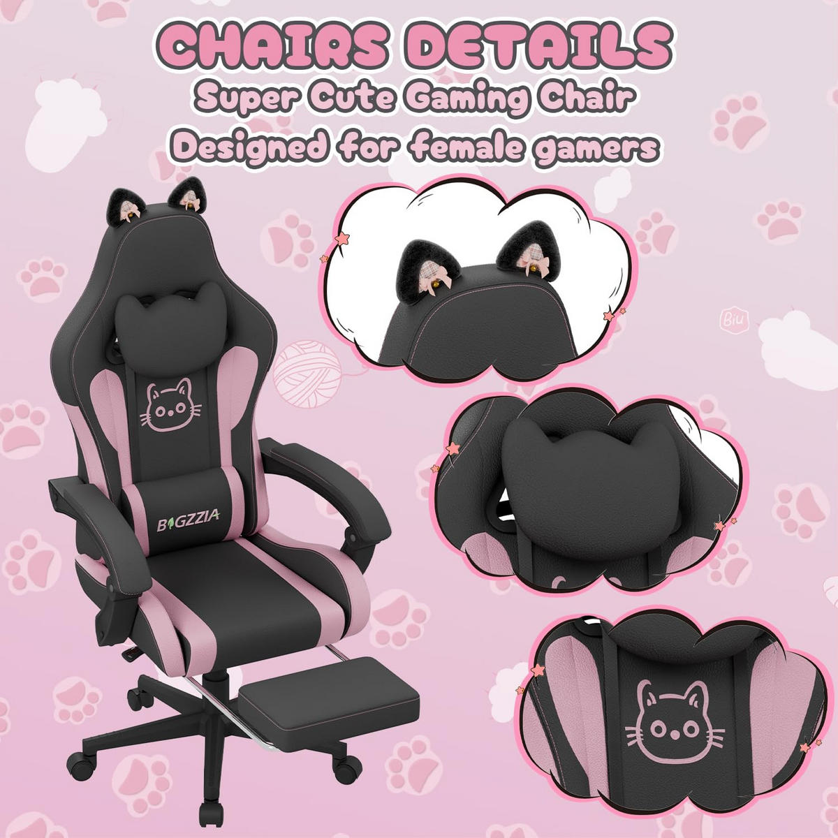 GAMING-STUHL Katzenohren, Massage, Fußstütze – Rosa/Schwarz - Schwarz, Leder (59/120/56cm) - Rattantree