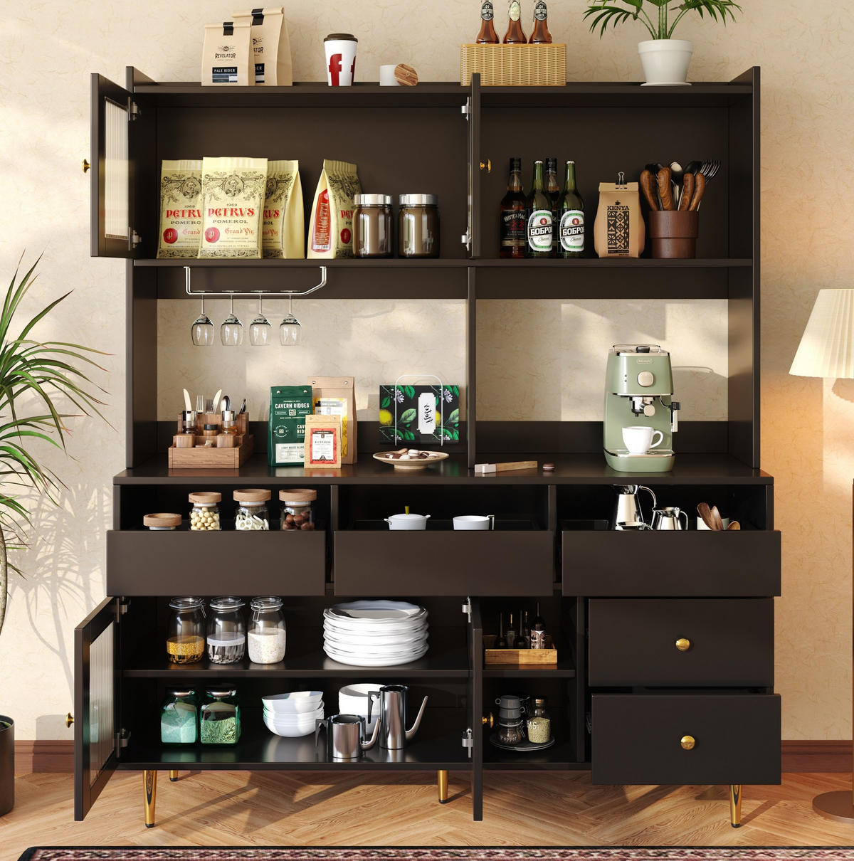HOCHSCHRANK mit Glastüren und Weinregal 145 x 39 x 171 cm Schwarz - Schwarz, Holzwerkstoff (39/171/145cm) - Meubliv