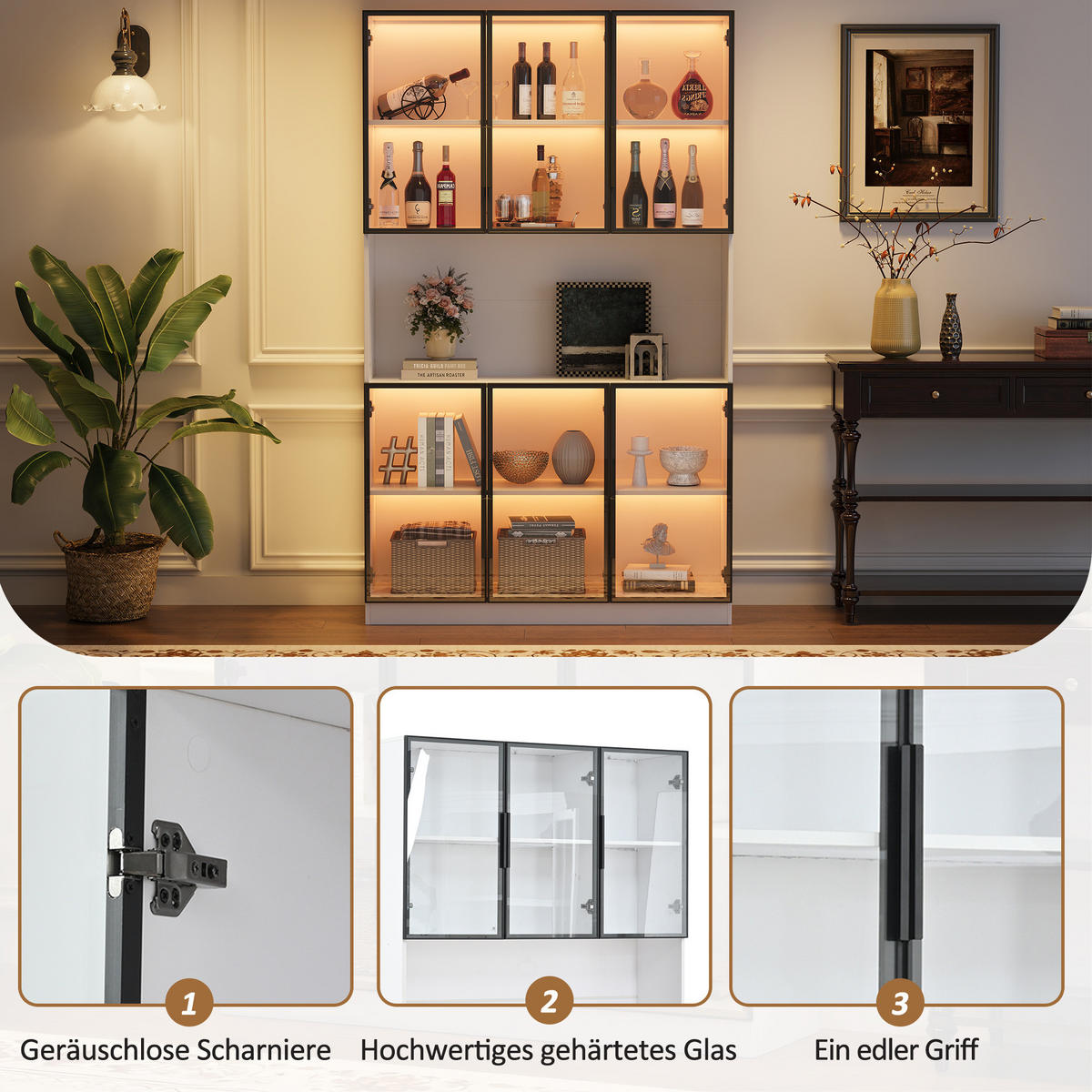VITRINE 120/34/200 cm weiß aus MDF und Glas mit LED und 6 Türen - Weiß, Holzwerkstoff (120/200/34cm) - OKWISH