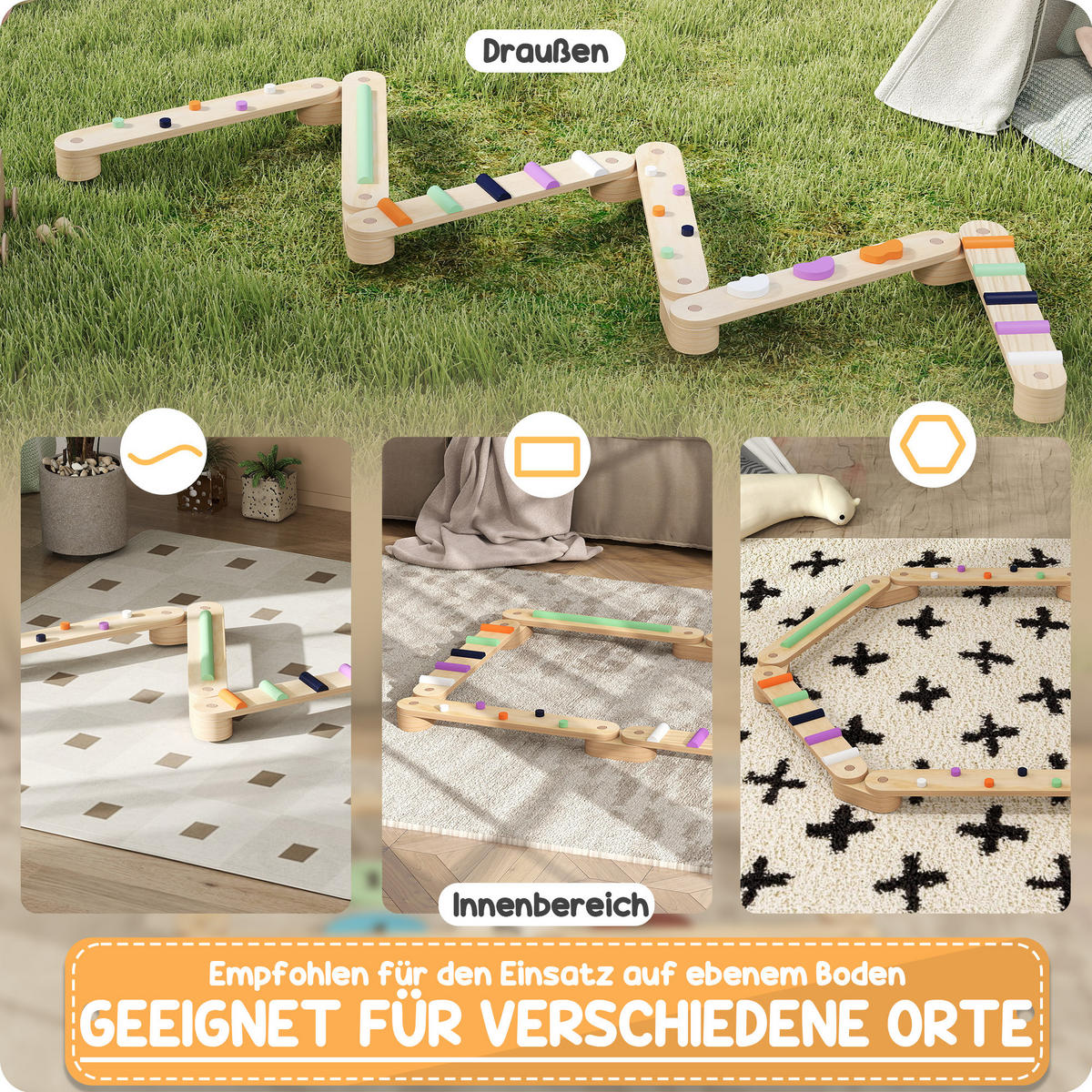 BALANCEBALKEN-KINDERSET aus Holz, 3-8 Jahre, zweiseitig, für Koordination - Multicolor, Holzwerkstoff (115/8.5/130cm) - AIYAPLAY