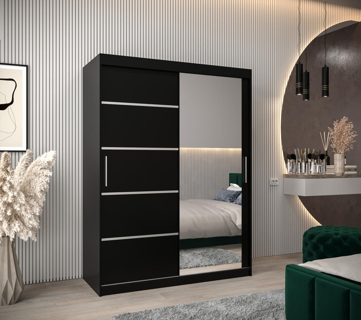 SCHWEBETÜRENSCHRANK 200/150/62 2-türig - Silberfarben/Schwarz, Holz/Kunststoff (150/200/62cm) - MÖBEL KRYSPOL