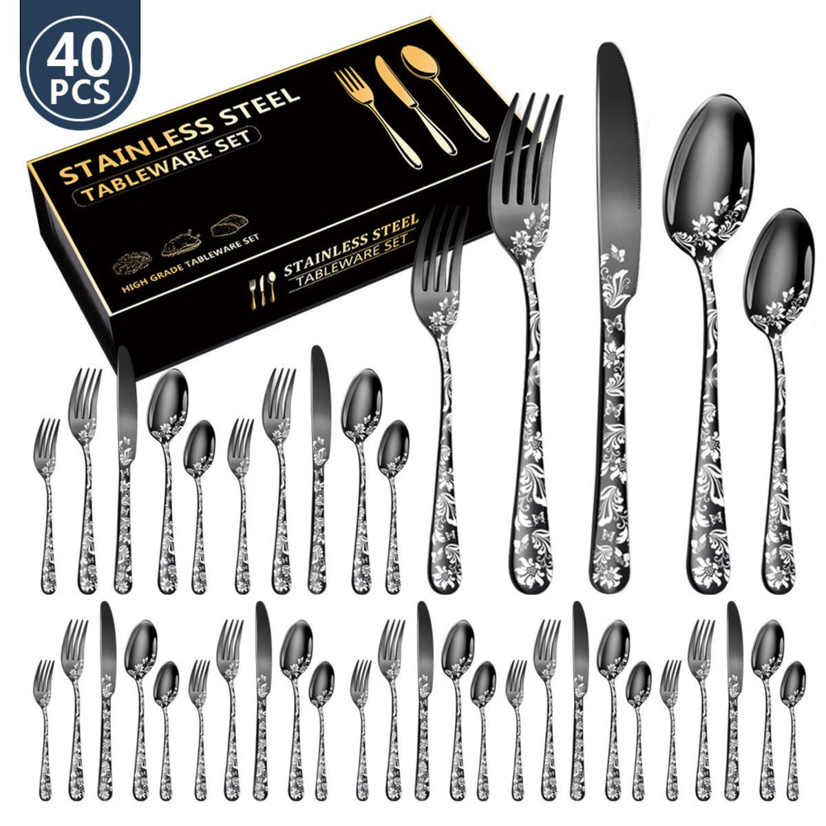 BESTECKSET 40-teilig Edelstahl - Schwarz, Metall - Authentics