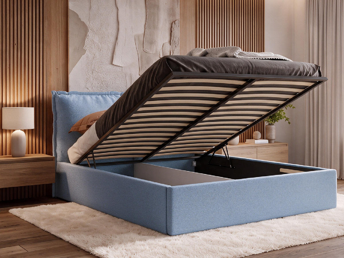 POLSTERBETT MIRA 140x200 cm mit Bettkasten, Stauraum und Metall-Lattenrost – VIBE Hellblau - Schwarz/Hellblau, Textil/Metall (140/200cm) - Luxkor24
