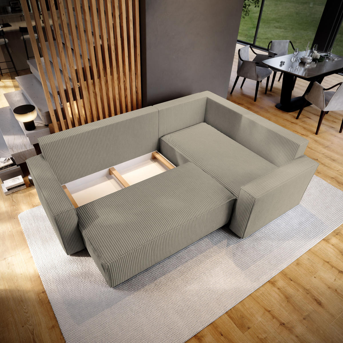ECKSOFA ESTANO R-S Beige Kordstoff mit Schlaffunktion - Beige, Holz (230/158cm) - MASSENO