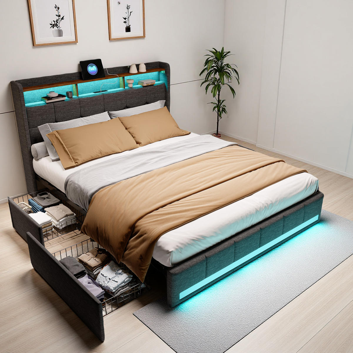 POLSTERBETT 180x200 cm Grau Leinen LED USB Typ-C 4 Schubladen - Grau, Holz (180/200cm) - SHOPENTRA