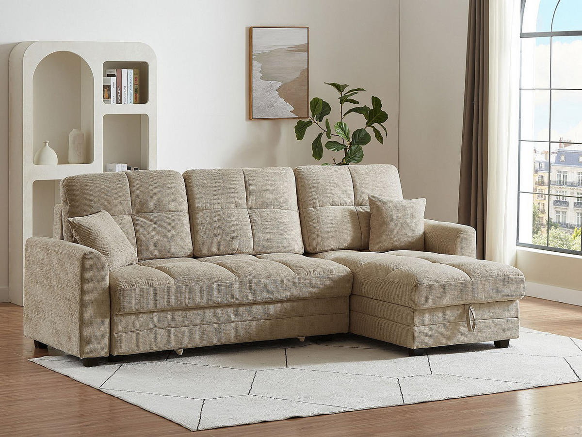 ECKSOFA mit Schlaffunktion & Ecke wechselbar - Chenille-Stoff - Beige - LUMARIO - Beige, Textil (260/155cm) - Vente-Unique