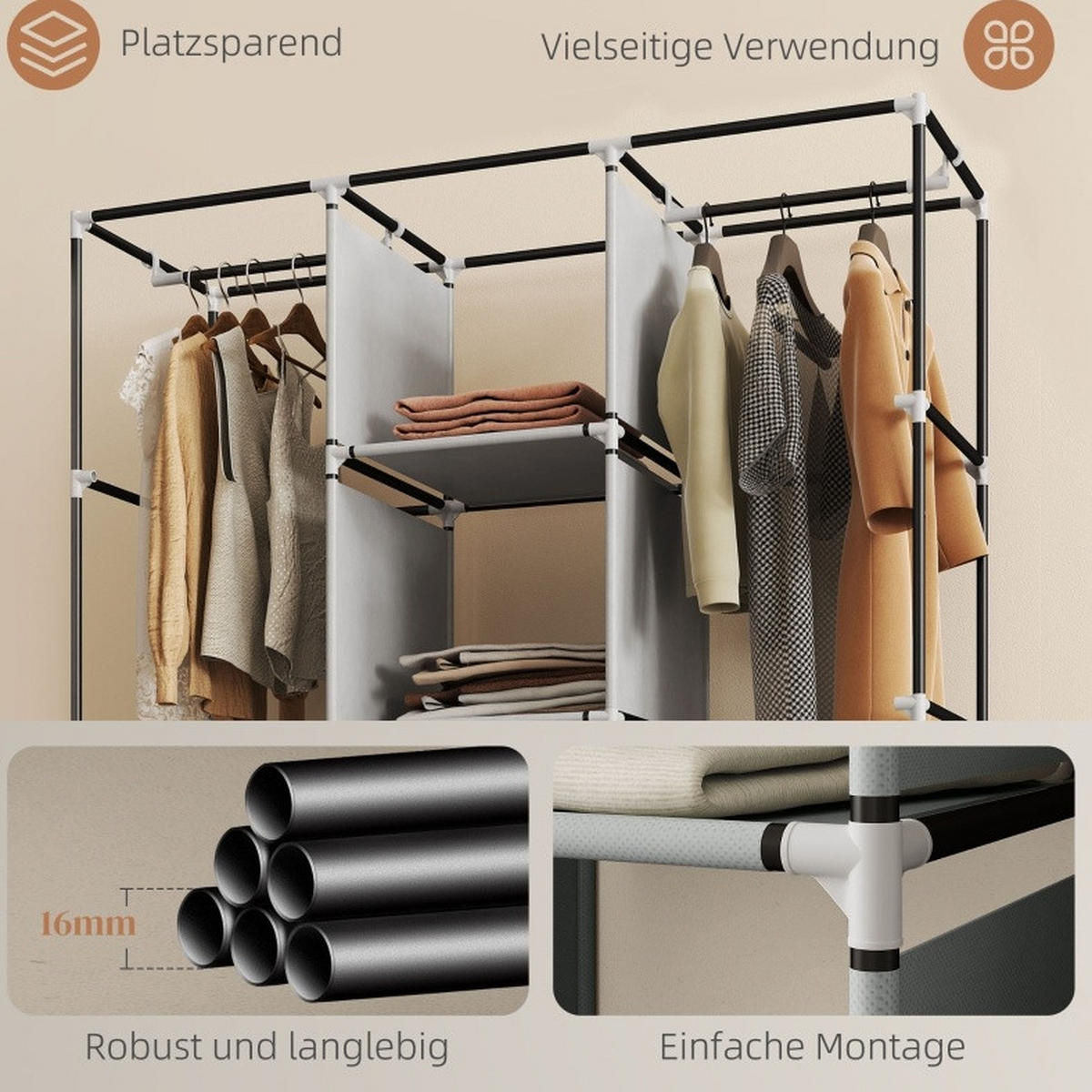 KLEIDERSCHRANK 125/162,5/43 cm Hellgrau aus Stoff mit 8 Einlegeböden - Hellgrau, Textil (43/162.5/125cm) - OKMYHOME