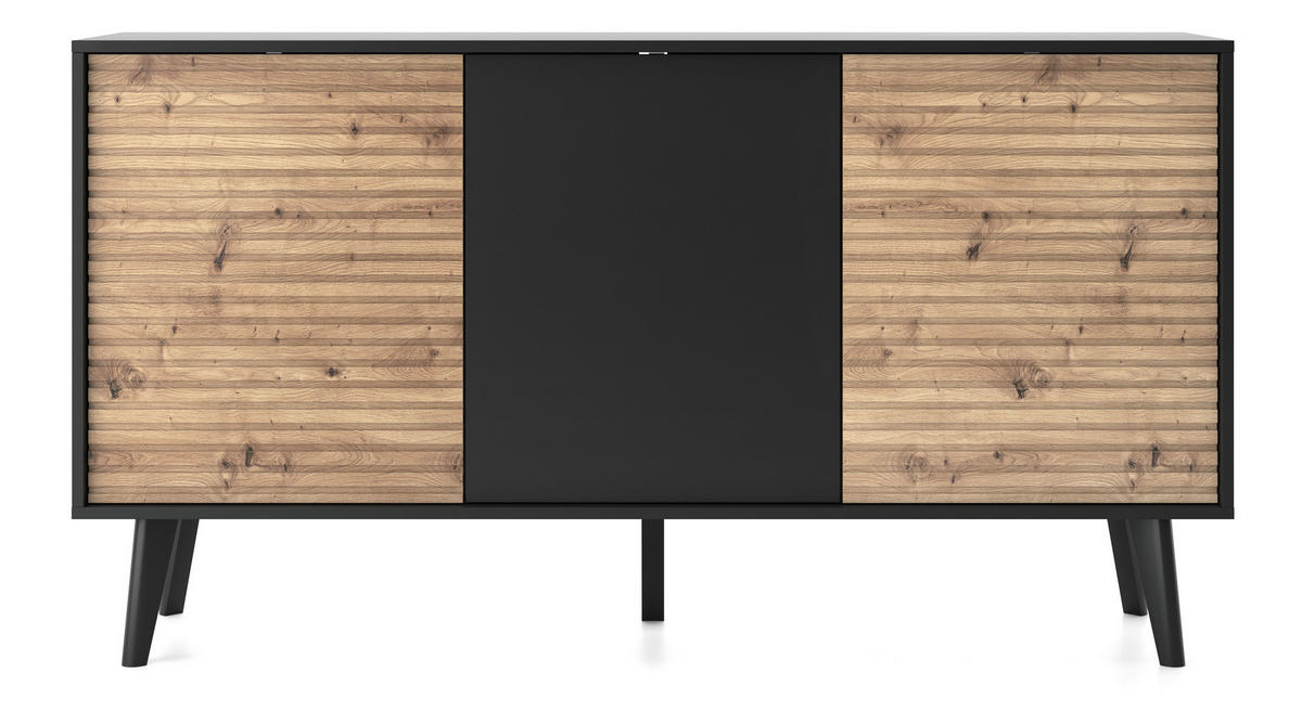 KOMMODE WILLOW K-154 – 154 cm, Metallfüße, Push-to-Open, Eiche Artisan - Schwarz/Braun, Holzwerkstoff/Kunststoff (154/83/39cm) - DomoHome