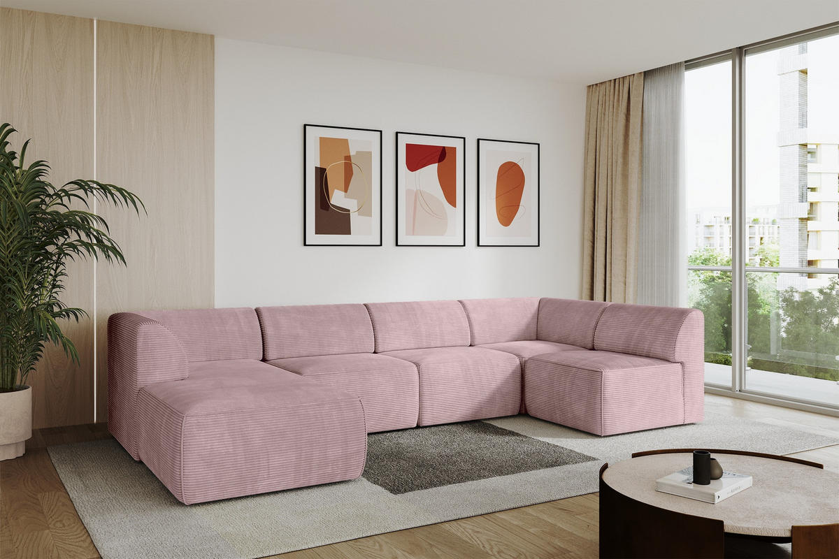 WOHNLANDSCHAFT Ottomane Links MOVA 345x180x78 Rosa Cord - Schwarz/Rosa, Holzwerkstoff/Kunststoff (180/78/345cm) - ALTDECOR