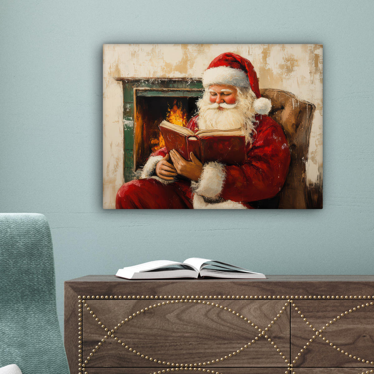 LEINWANDBILD Weihnachten - Weihnachtsmann - Winter - Open Fireside 40x30 cm - Dunkelrot, Textil (40/30cm) - MuchoWow