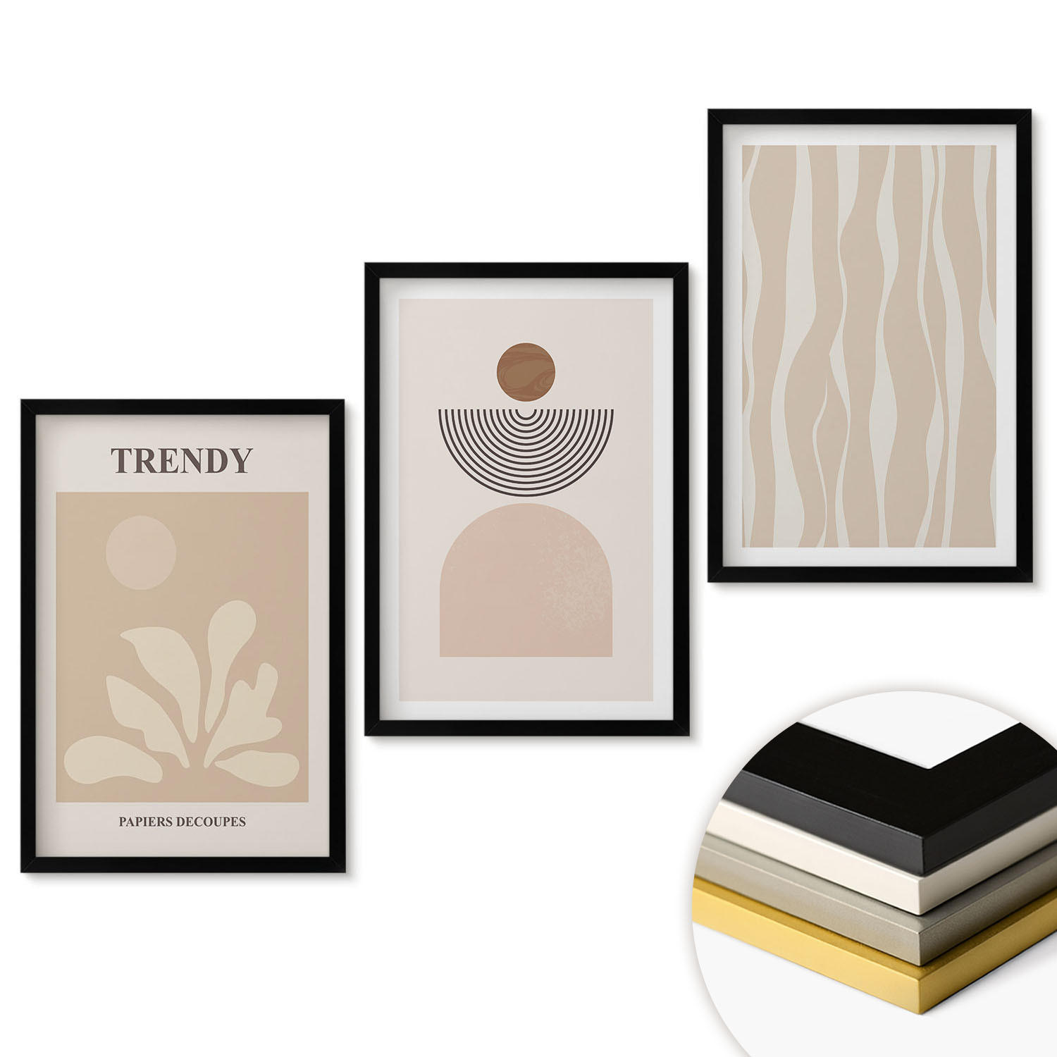 WANDBILDER 3er-Set - 40x60 cm Schwarzer Rahmen - Stilvolle abstrakte Beigetöne - Schwarz, Kunststoff (40/60cm) - ArtPrintCave