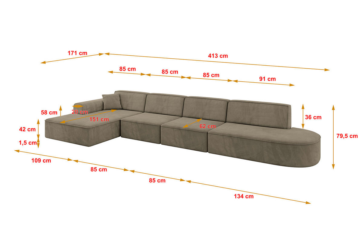 ECKSOFA Ottomane Links IREA-L3-v3 - 413x171x79 cm Braun - Braun, Holzwerkstoff/Textil (413/171cm) - ALTDECOR
