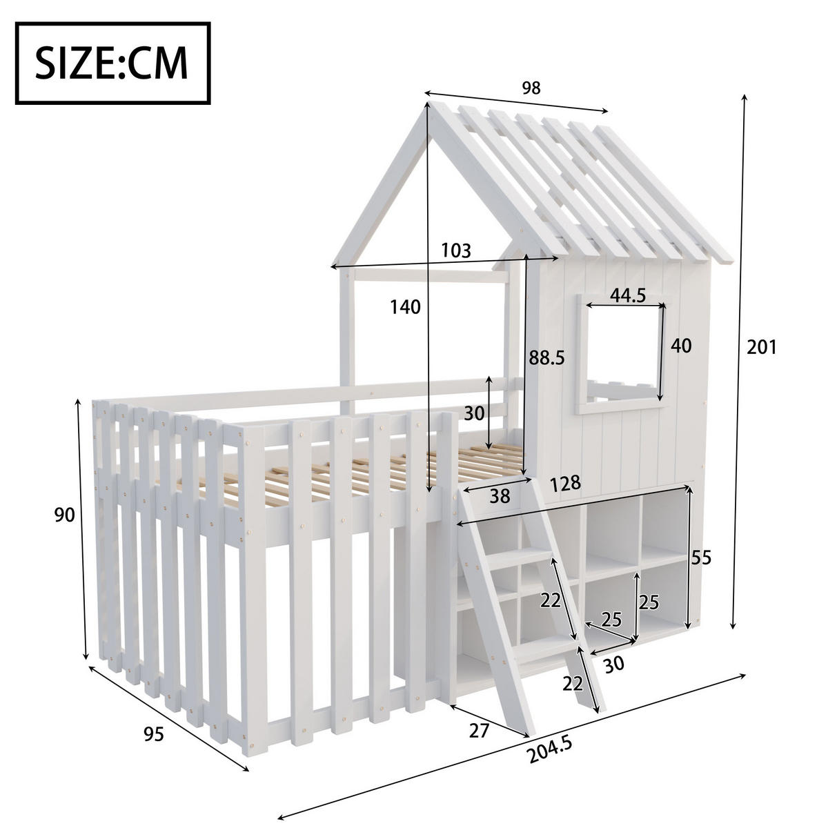 HOCHBETT aus Kiefernholz 90x200 cm Weiß im Spielhaus-Design mit Stauraum - Weiß, Holz (90/200cm) - IVMEU