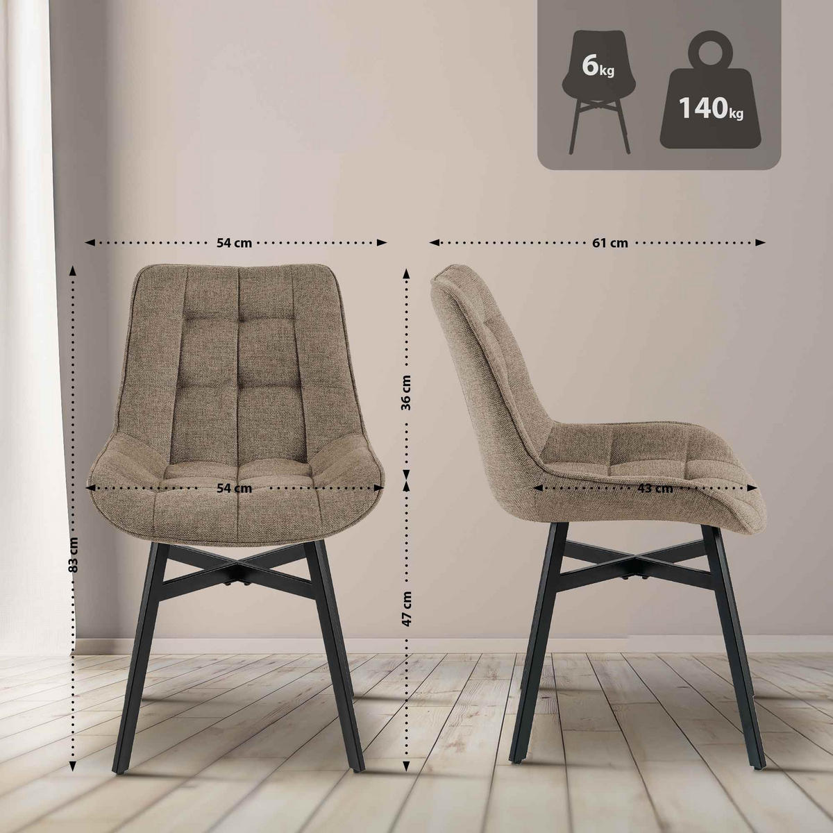 ESSZIMMERSTUHL Stoff Taupe - Taupe/Schwarz, Textil/Metall (54/83/61cm) - CLP