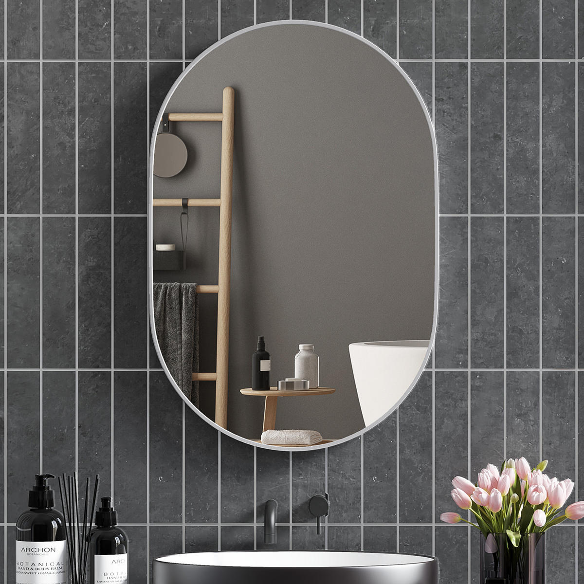 BADEZIMMERSPIEGEL Ovaler Wand-Badezimmerspiegel mit Aluminiumrahmen, 60 x 90 cm ,Silber - Silberfarben, Glas (3/90/60cm) - Vallsero