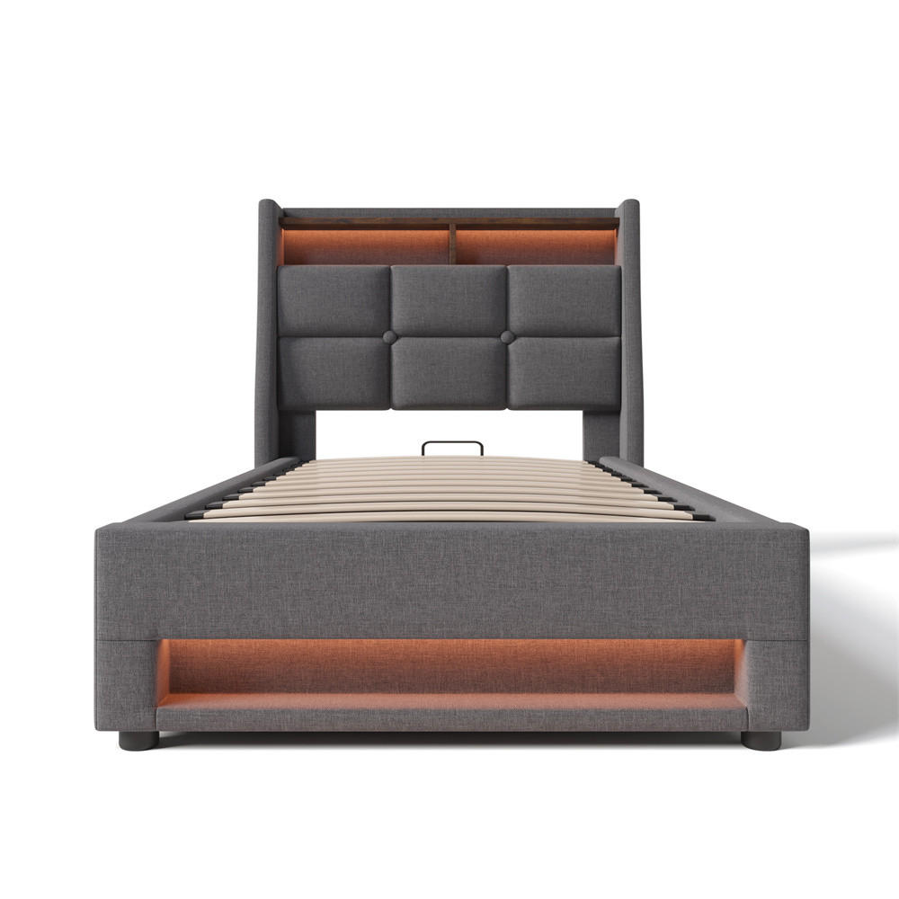 POLSTERBETT 90/200 cm in Grau mit USB - Grau, Holz/Textil (90/200cm) - KOMHTOM