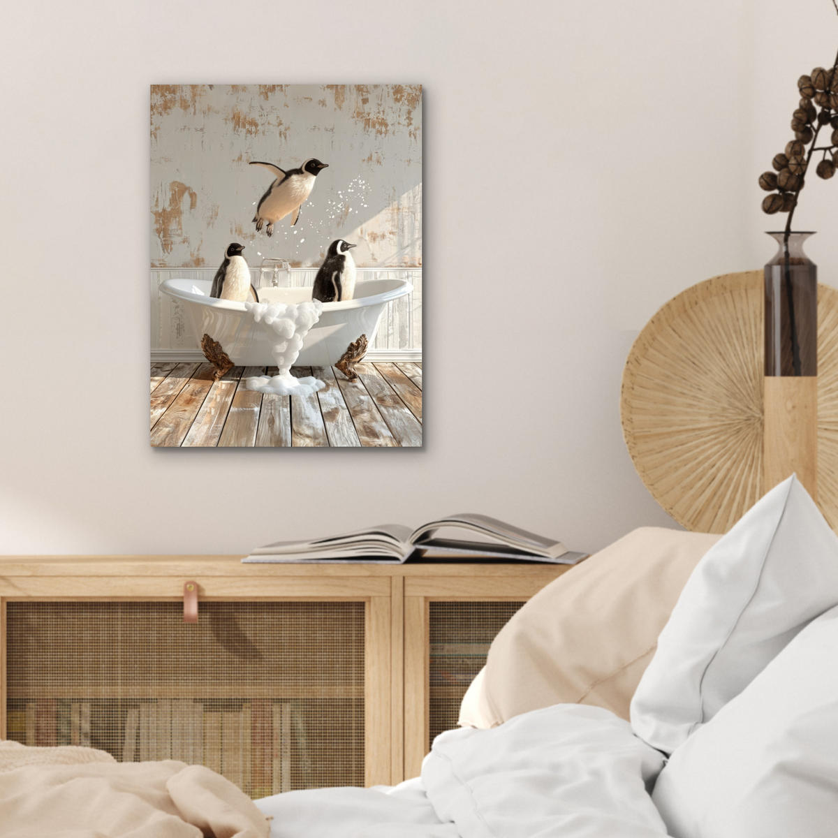 KOVOVÝ OBRAZ Vintage - Tučniak - Vaňa - Pena 30x40 cm - čierna, kov (30/40cm) - MuchoWow