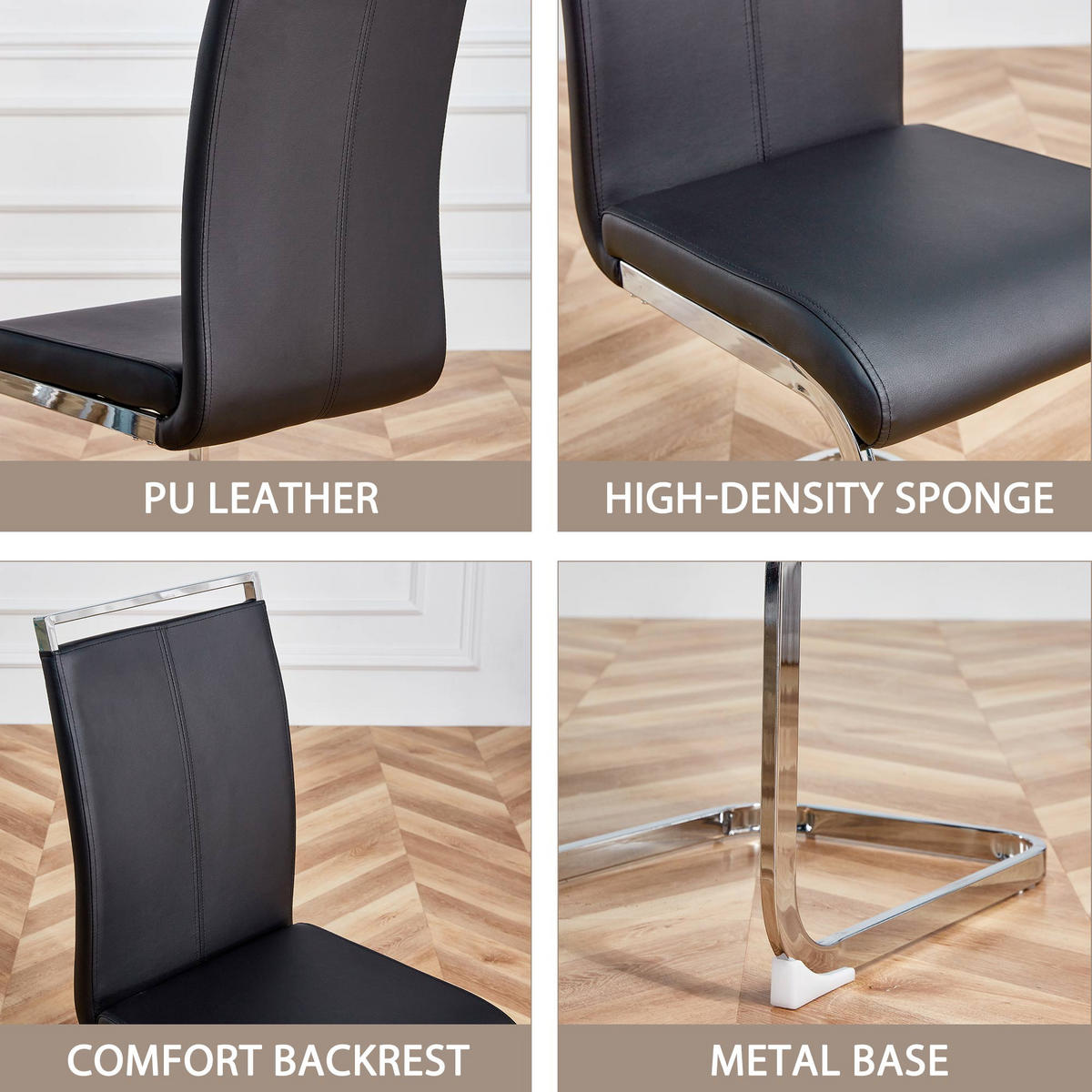 FREISCHWINGER 4er Set Kunstleder Schwarz Metallgestell 120kg - Schwarz, Leder (42/100/54cm) - FLIEKS