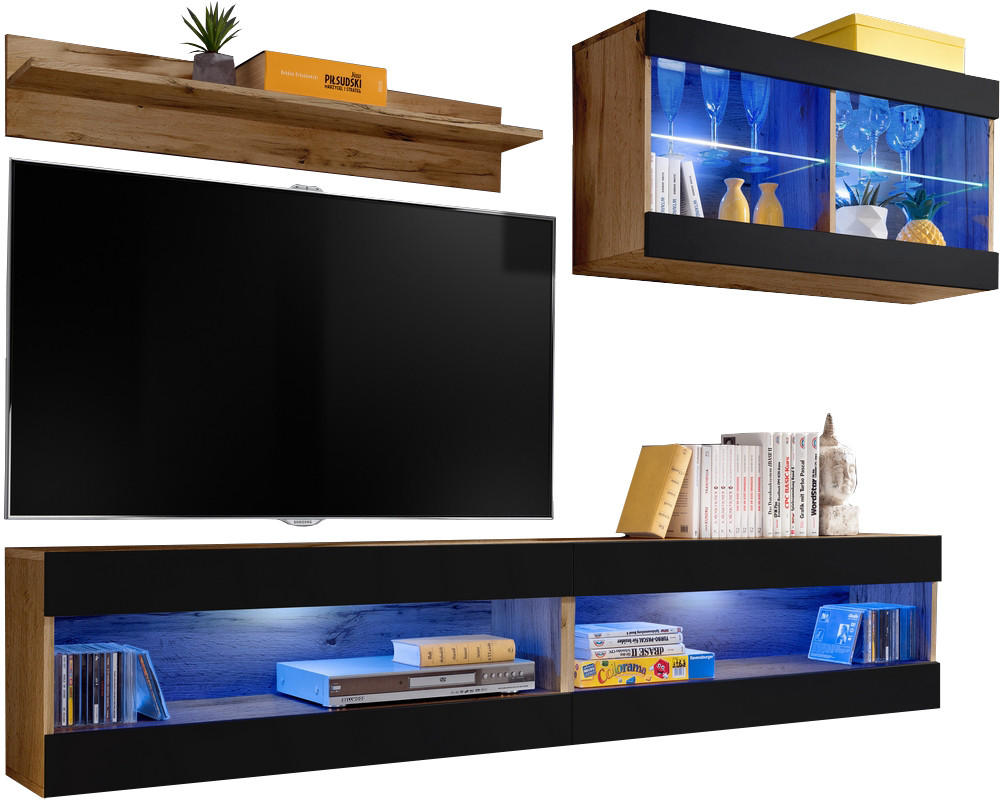 4-ER Set, Wohnwand TIVOLI SET6+BLU Offener Raum Wotan + Schwarz - Schwarz/Weiß, Glas/Holzwerkstoff (240/195/35cm) - Komodee
