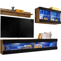 4-ER Set, Wohnwand TIVOLI SET6+BLU Offener Raum Wotan + Schwarz - Schwarz/Weiß, Glas/Holzwerkstoff (240/195/35cm) - Komodee