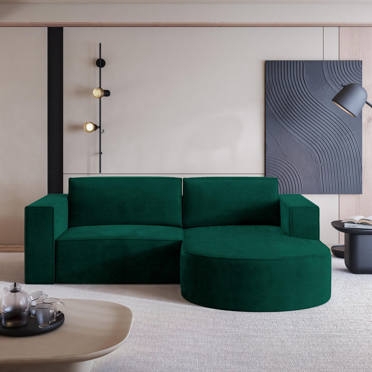 ECKSOFA SORELA M R-S Grün Velours-Stoff mit Schlaffunktion - Grün, Holz (263/174cm) - MASSENO