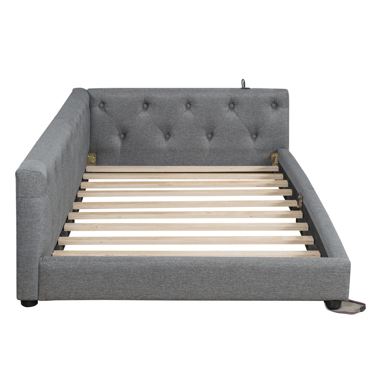 POLSTERBETT aus Leinen und MDF 90x200 cm Grau mit LED-Beleuchtung, USB- und Type-C-Anschluss, Lattenrost - Grau, Textil (90/200cm) - Modfu