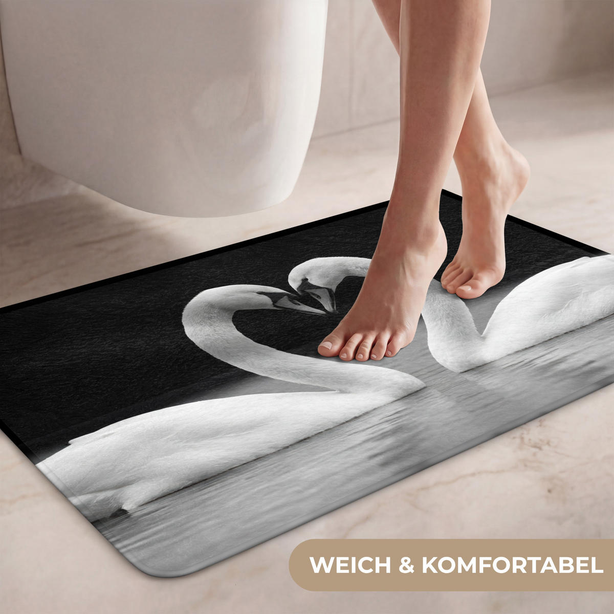 WC PŘEDLOŽKA Labutě - srdce - černá - bílá 80x50 cm - černá, textil/plast (80/1cm) - OnlyWow