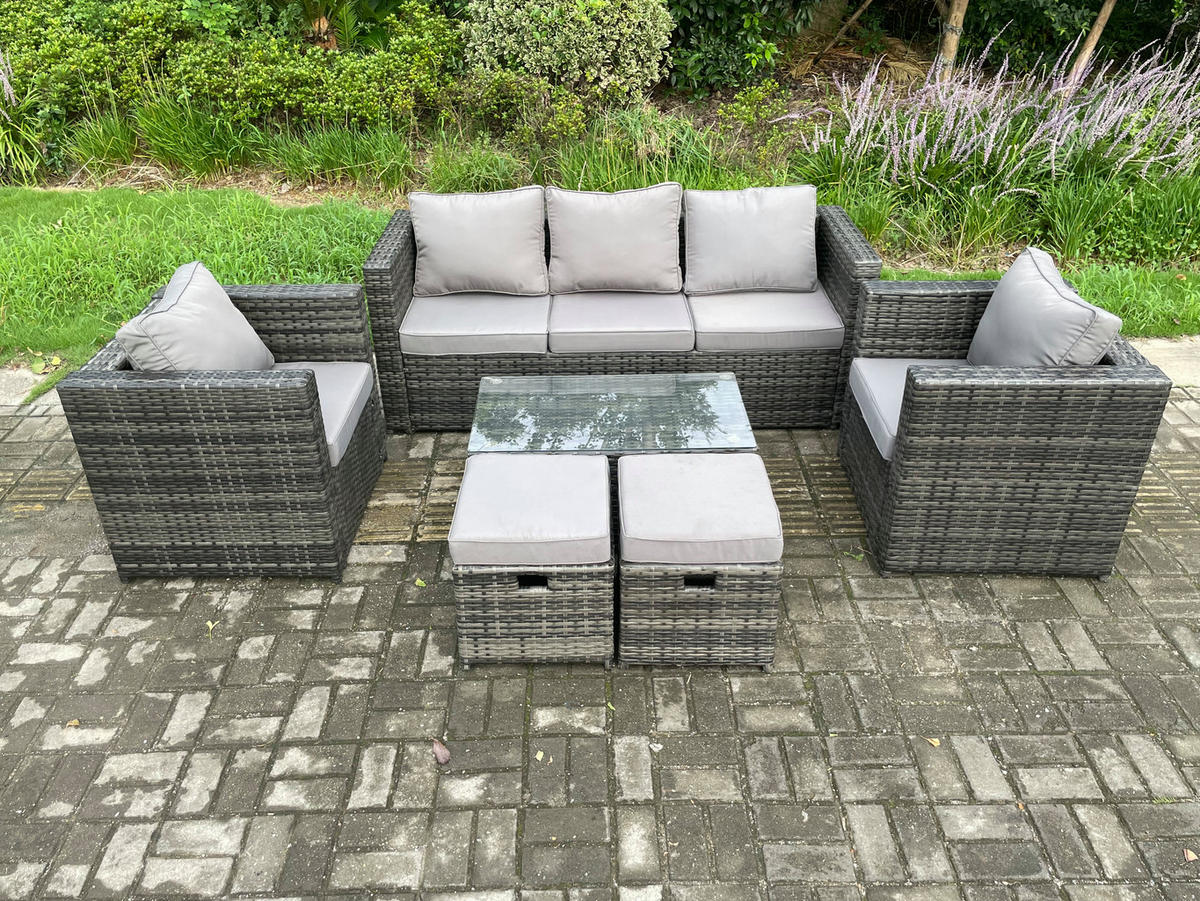 GARTENSOFA SET Polyrattan Dunkelgrau 7-Sitzer - Dunkelgrau, Metall - Fimous