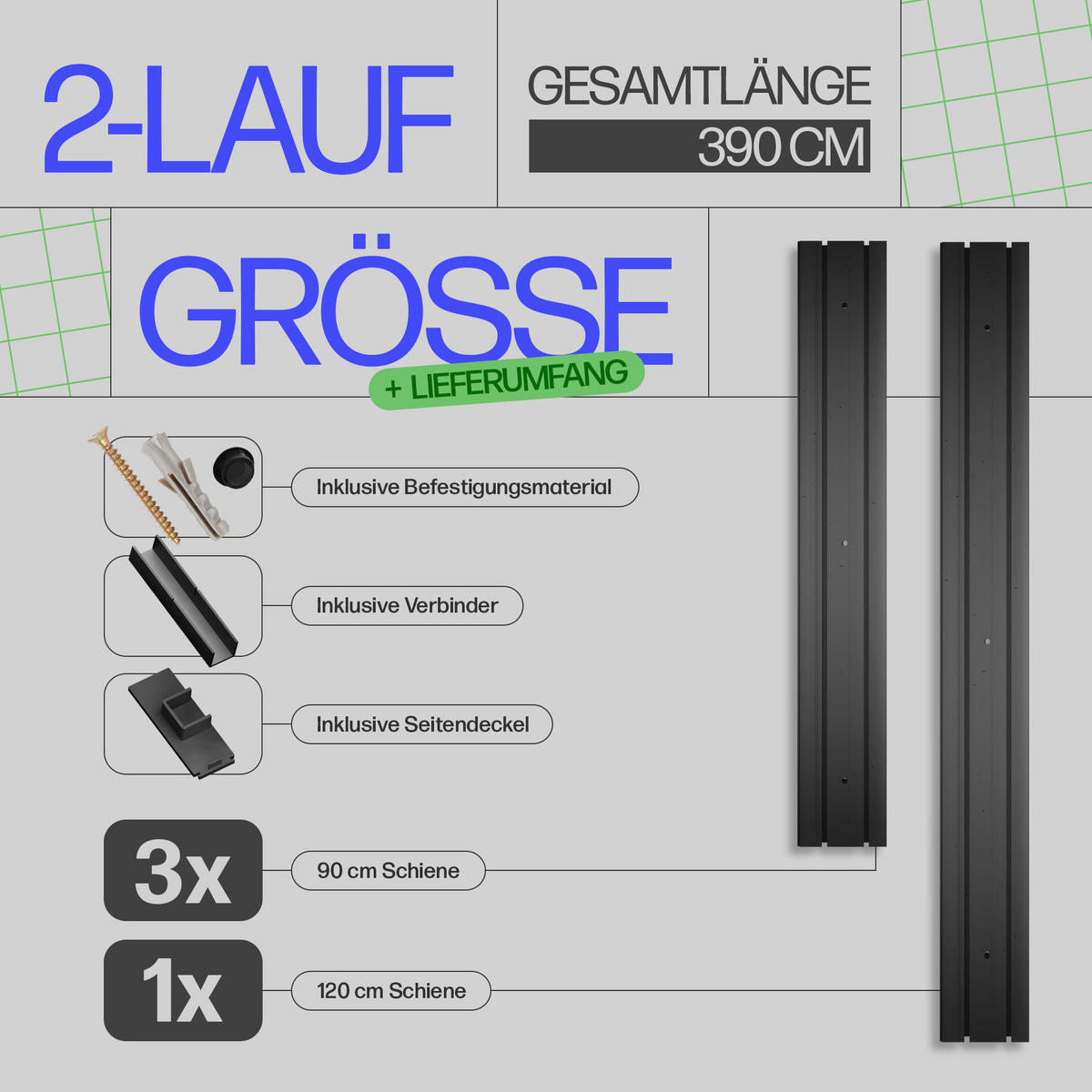 GARDINENSCHIENE 390cm (3x90/1x120cm) 2-läufig - Schwarz, Kunststoff (10/1.8/390cm)