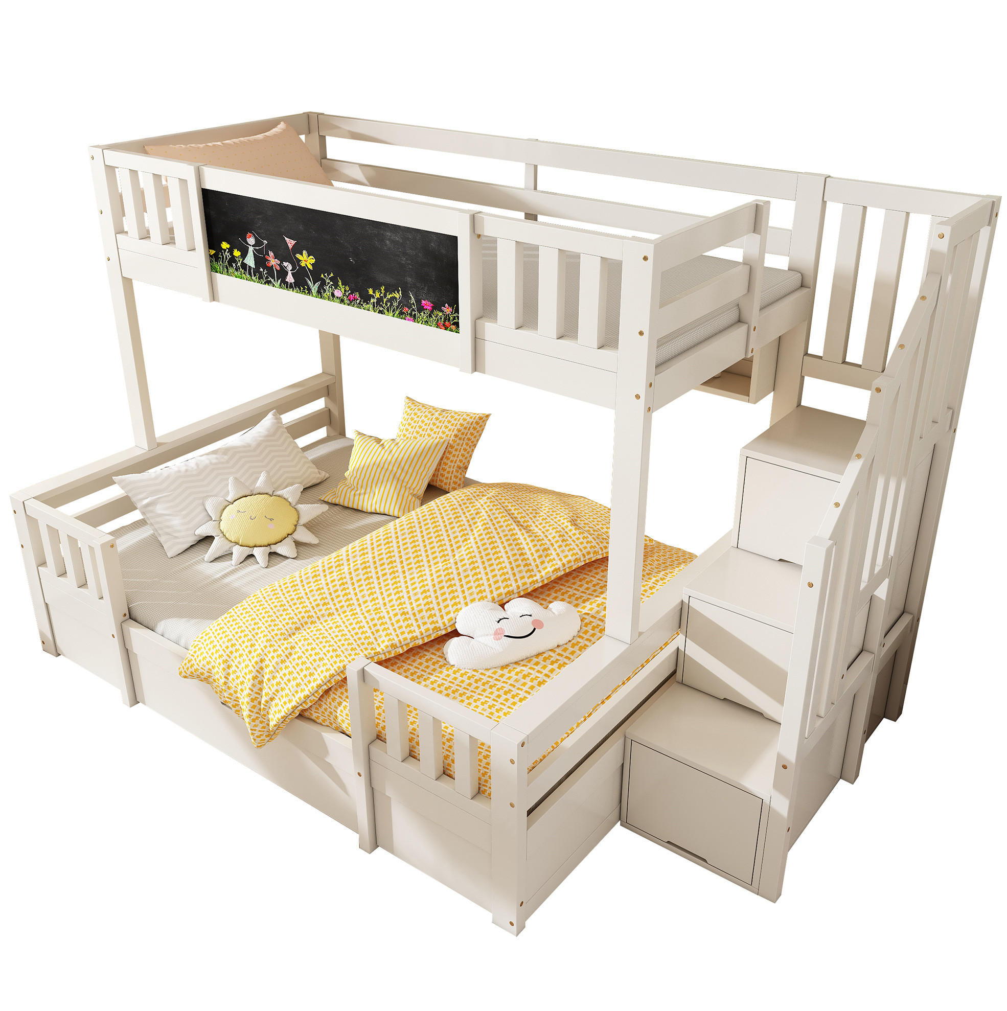 ETAGENBETT 90/200 & 140/200 cm aus Holz-Metall mit Kreidetafel und Stauraumtreppe Weiß - Weiß, Holz (90/200cm) - Modenvie