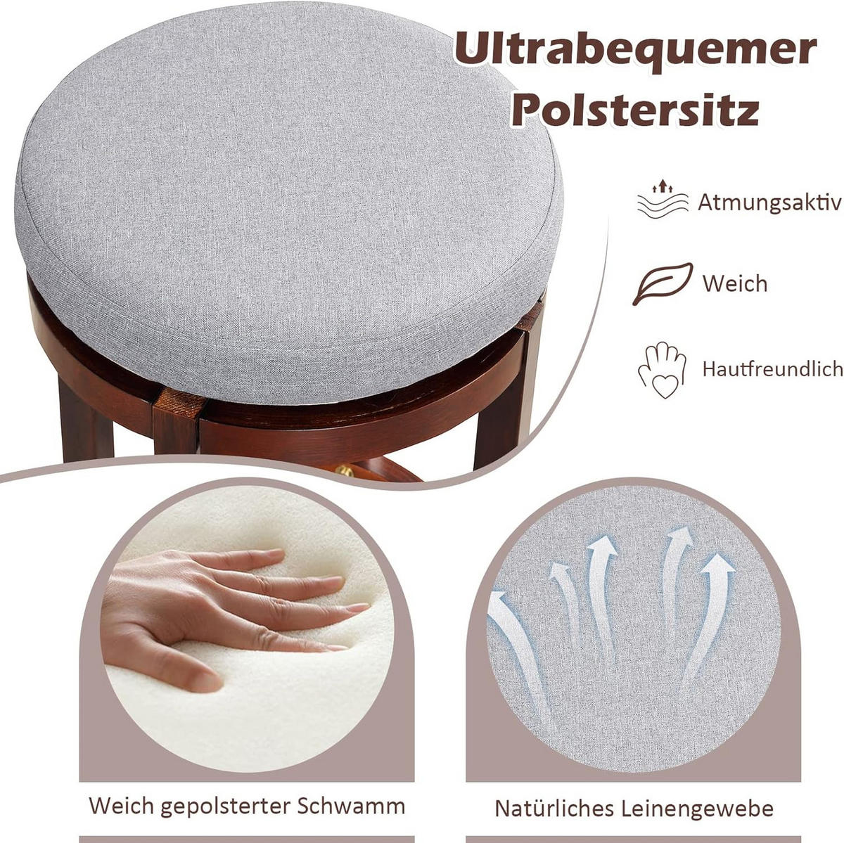 BARHOCKER Gepolstert Grau(2er-Set) - Grau, Holz (42/66/42cm) - COSTWAY