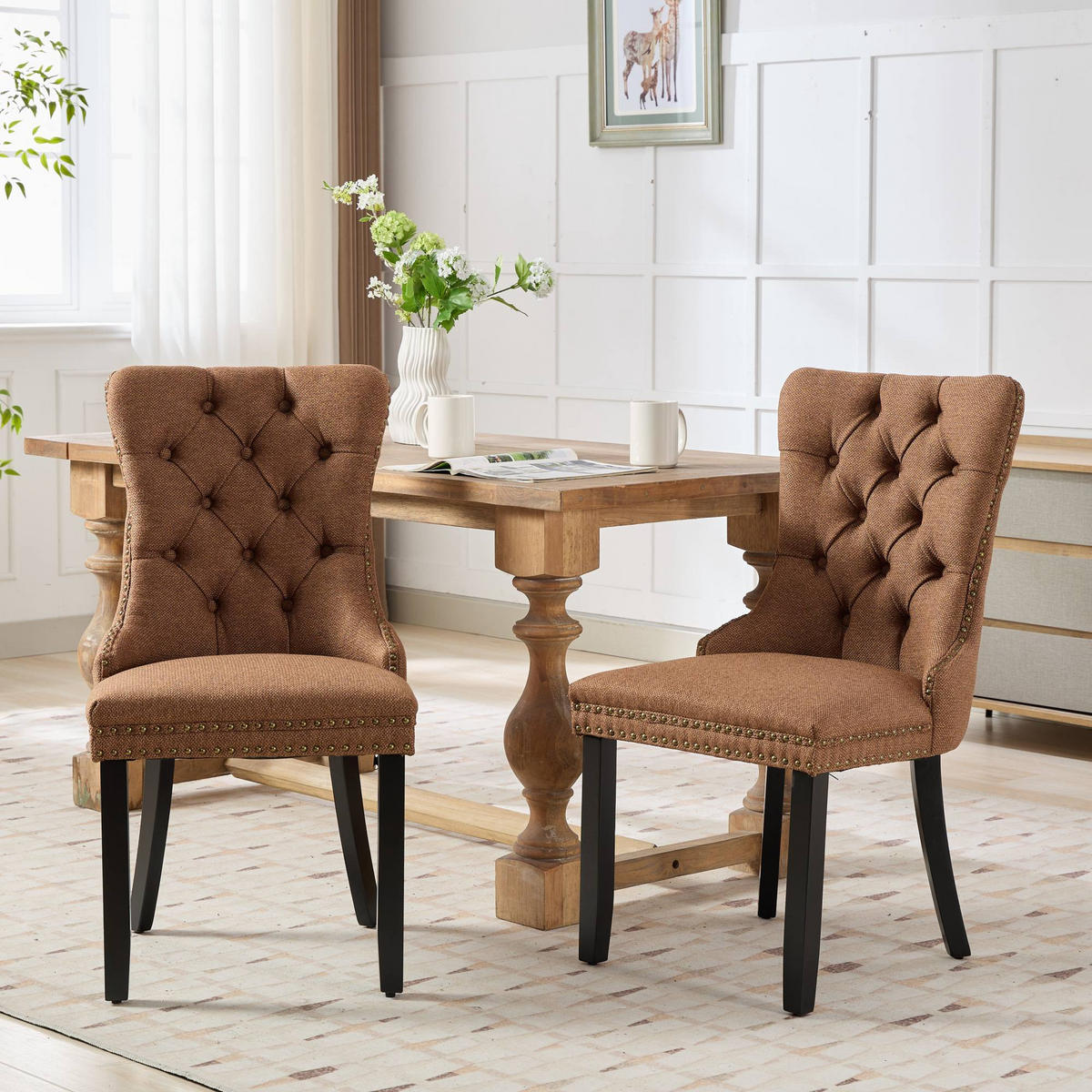 STUHL-SET DE-36335 2 Stück mit Leinenbezug Kaffee - Braun, Holz (50/95/65cm) - ComfortXL