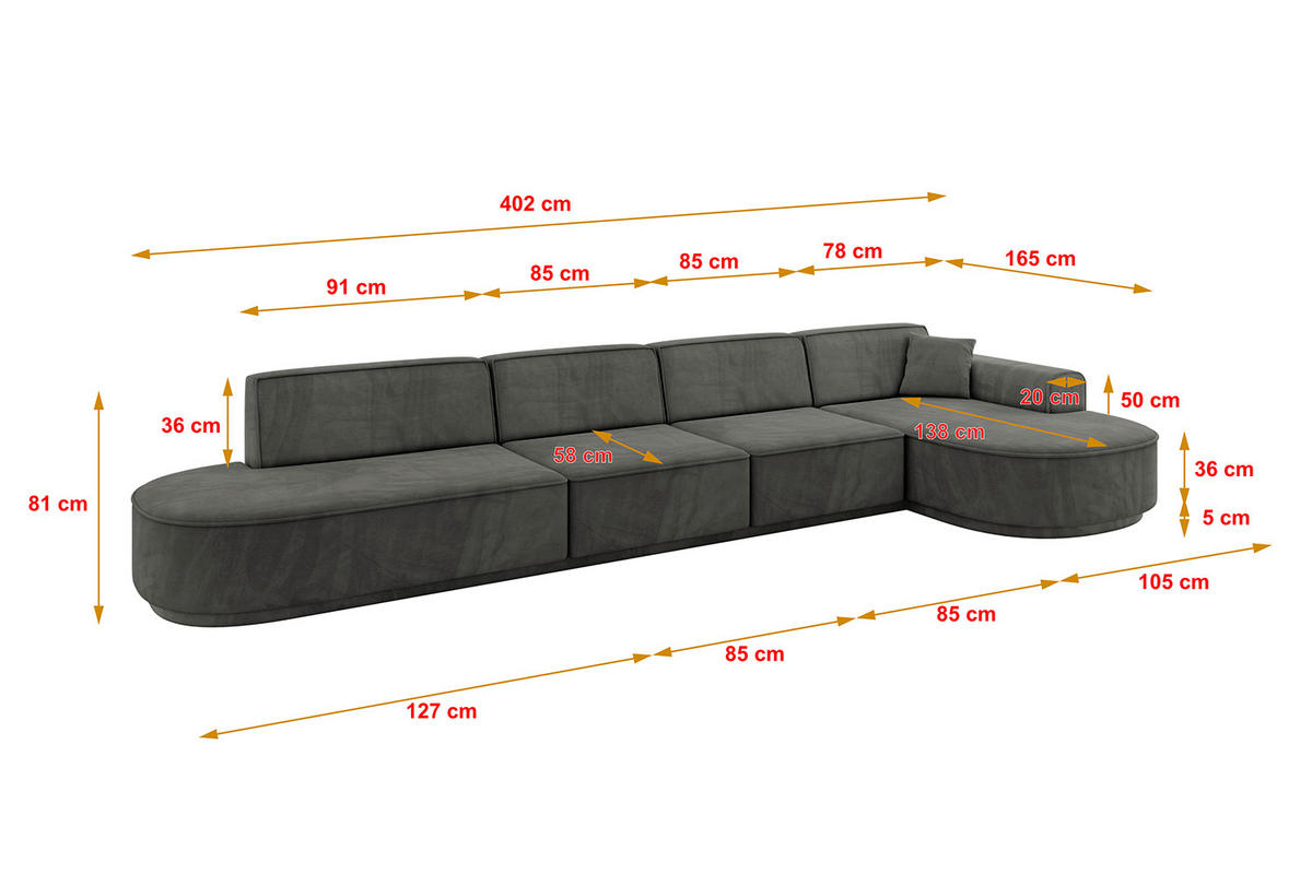 ECKSOFA Ottomane Rechts MARI-L3-v3 - 402x163x81 cm Dunkelgrau Velours - Dunkelgrau/Schwarz, Holzwerkstoff/Kunststoff (402/163cm) - ALTDECOR