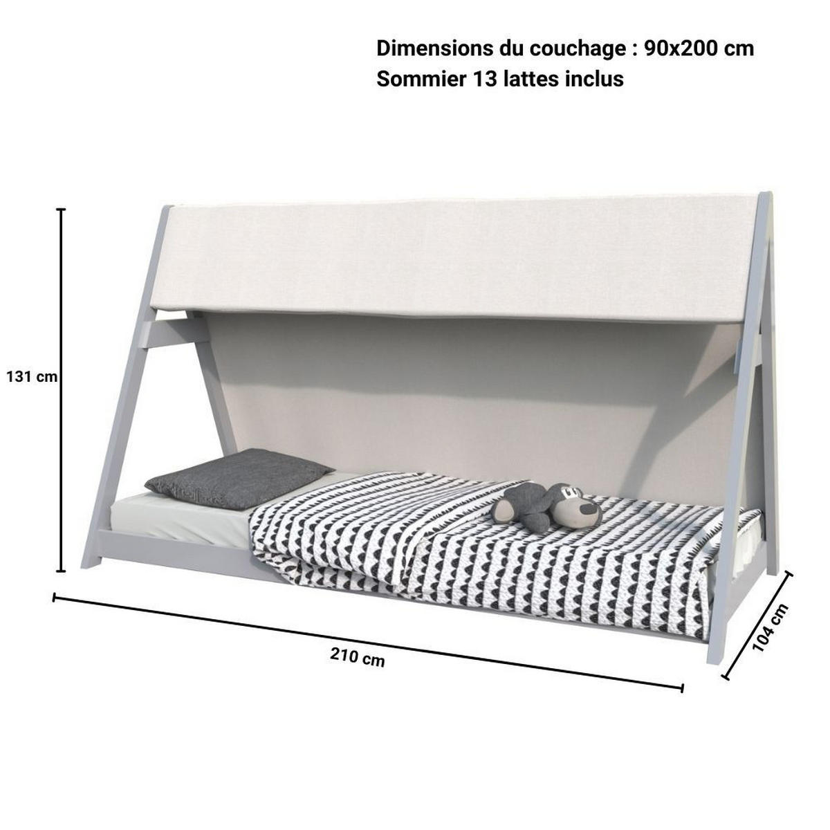HAUSBETT TIPI/ Kinderbett 90x200 mit Stoff und Lattenrost- Grau - Grau, Holz (90/200cm) - Weber Industries
