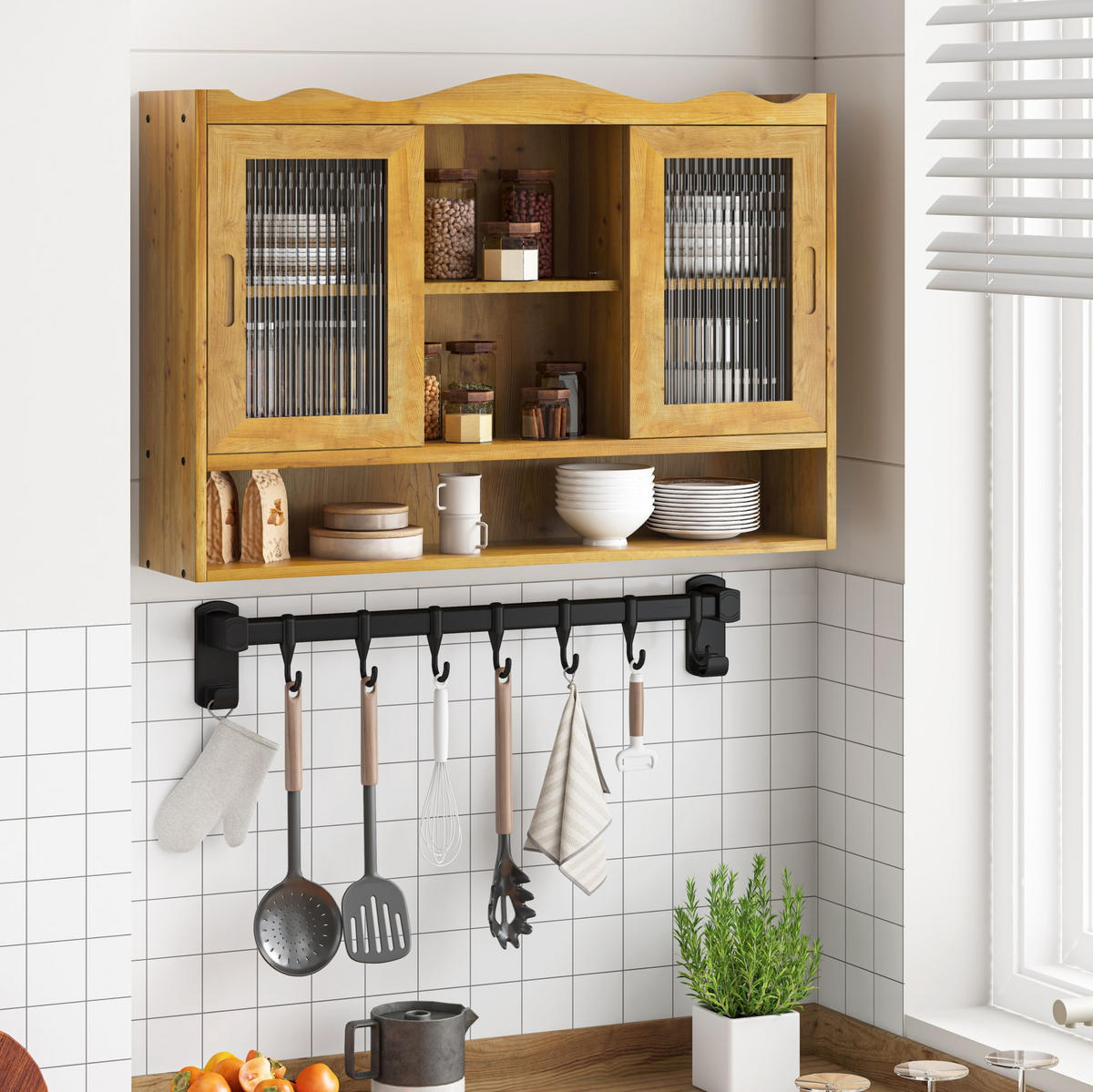 HÄNGESCHRANK 90/20/60 cm natur aus Massivholz und Glas mit Schiebetüren - Naturfarben, Glas (90/60/20cm) - OKWISH