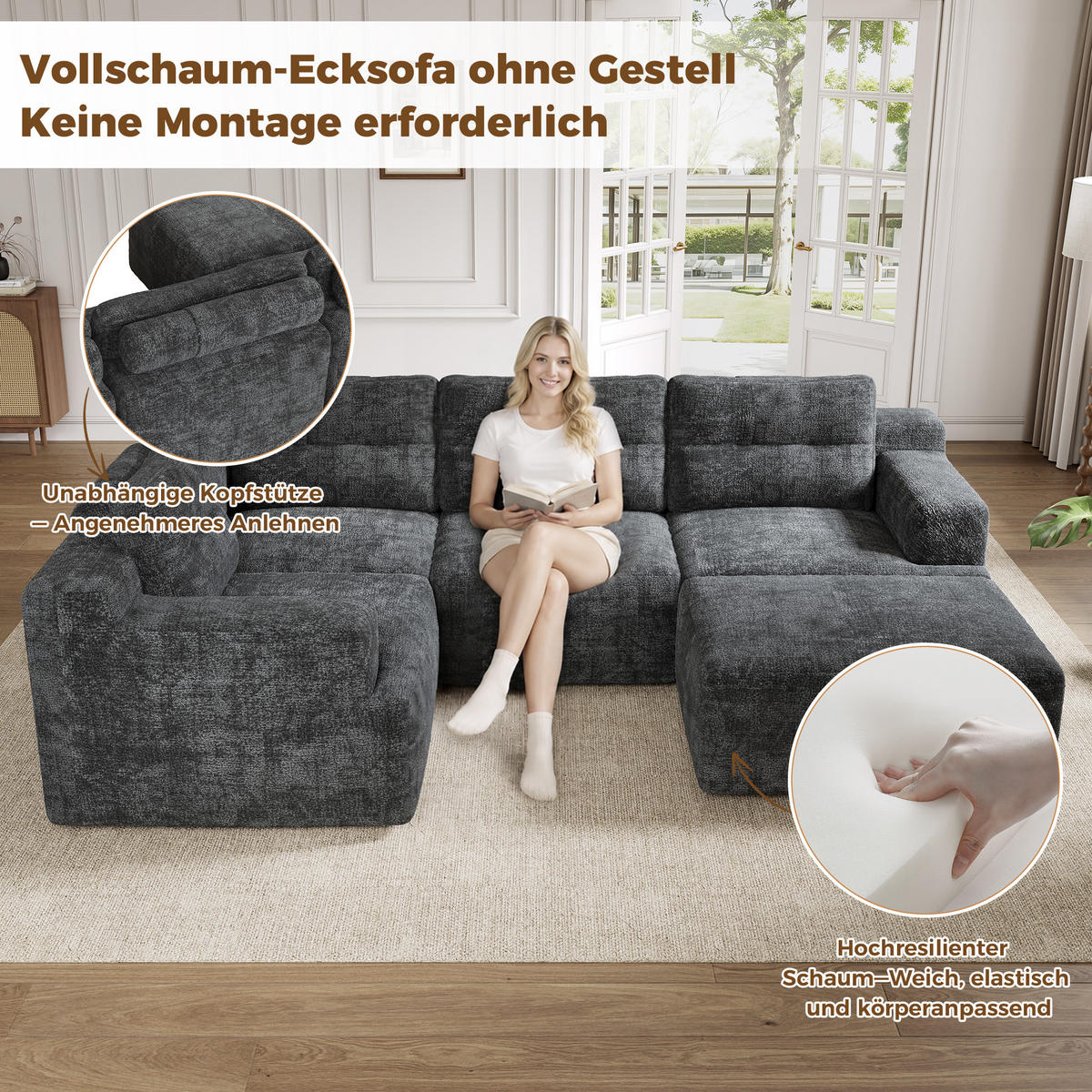 WOHNLANDSCHAFT 252/180/82 cm Grau mit 1 Fußhocker - Grau, Textil (252/82/180cm) - Oxeza