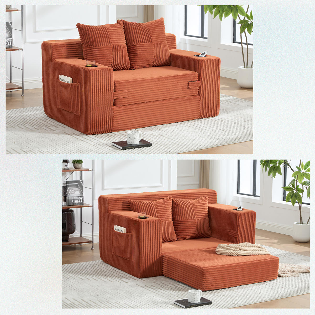 1,5-SITZER ausklappbar, Getränkehalter/Seitentasche, Cord, Orange - Orange, Textil (133/64/87cm) - LVHOM