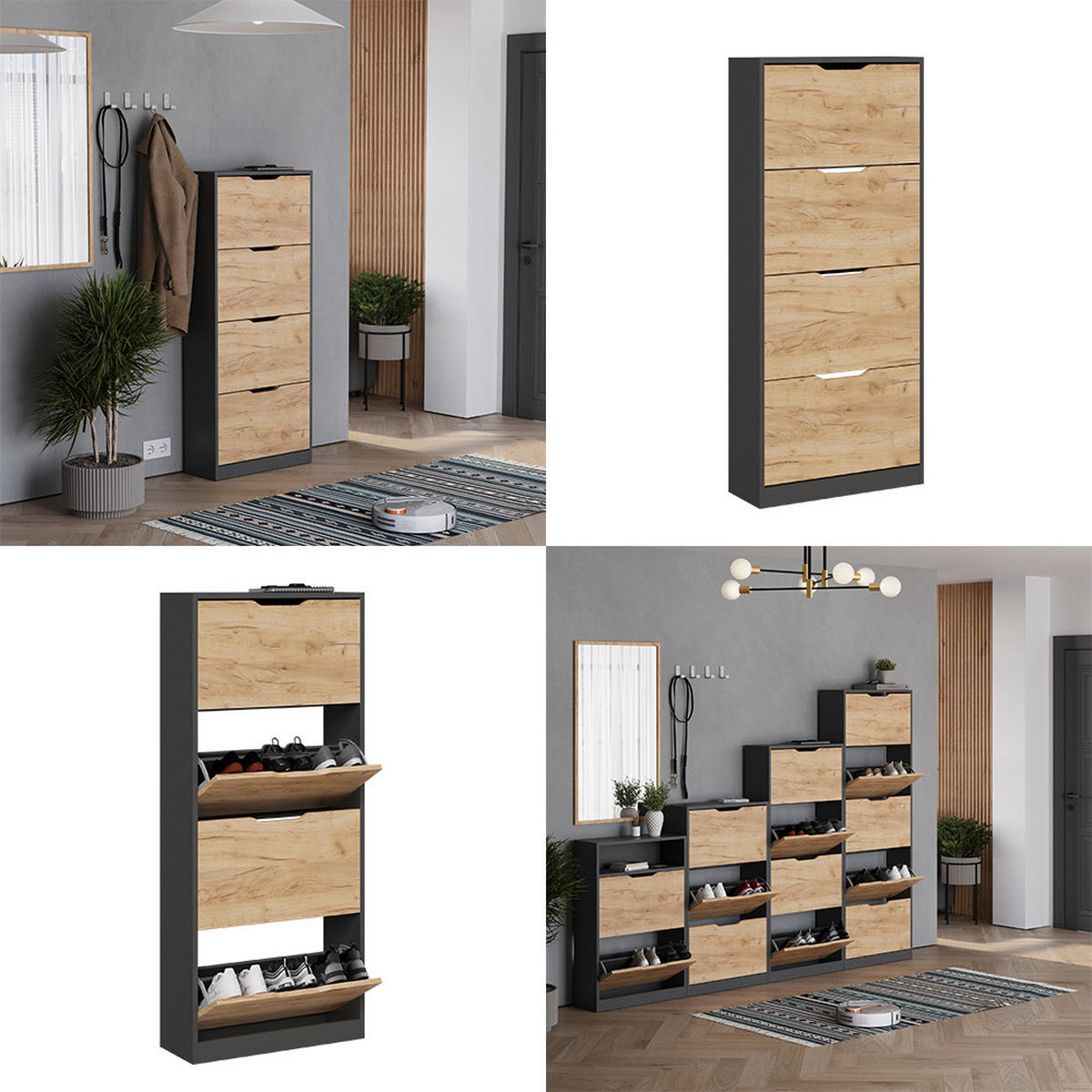 SCHUHKIPPER Luca Anthrazit/Goldkraft Eiche 59 x 137 cm mit 4 Fächern - Anthrazit/Eiche Wotan, Holzwerkstoff (59/137/22cm) - Vicco